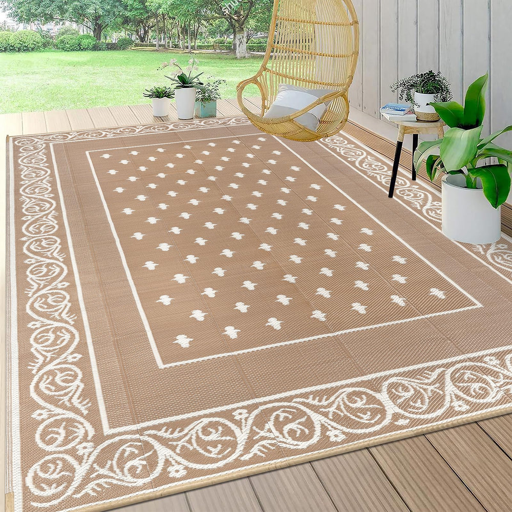 Pauwer Waterproof Outdoor Rug 8x10 Bordered Beige front view