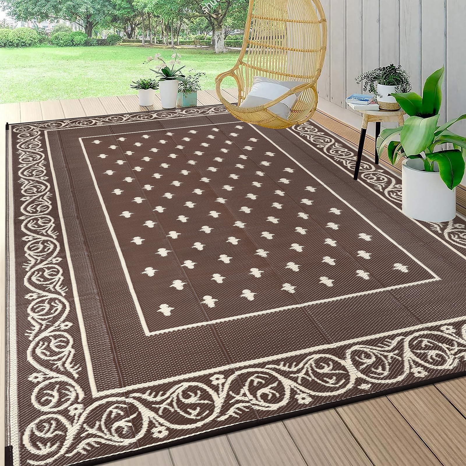 Pauwer Waterproof Outdoor Rug 8x10 Bordered Brown front view