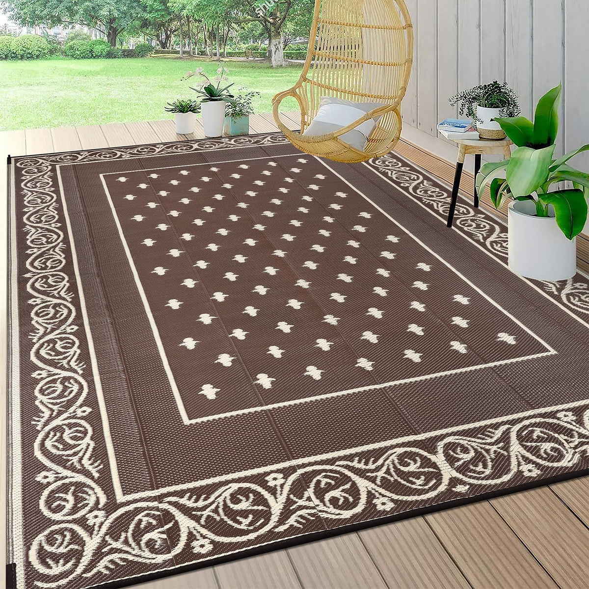 Pauwer Waterproof Outdoor Rug 8x10 Bordered Brown front view