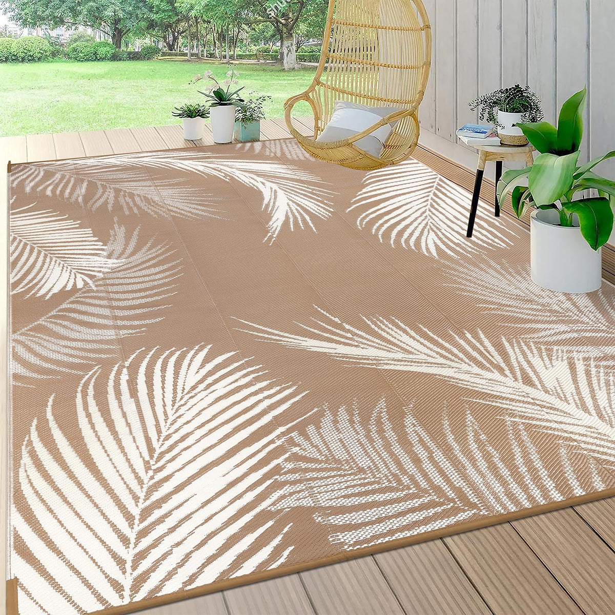 Pauwer Waterproof Outdoor Rug 8x10 Leaf Brown front view