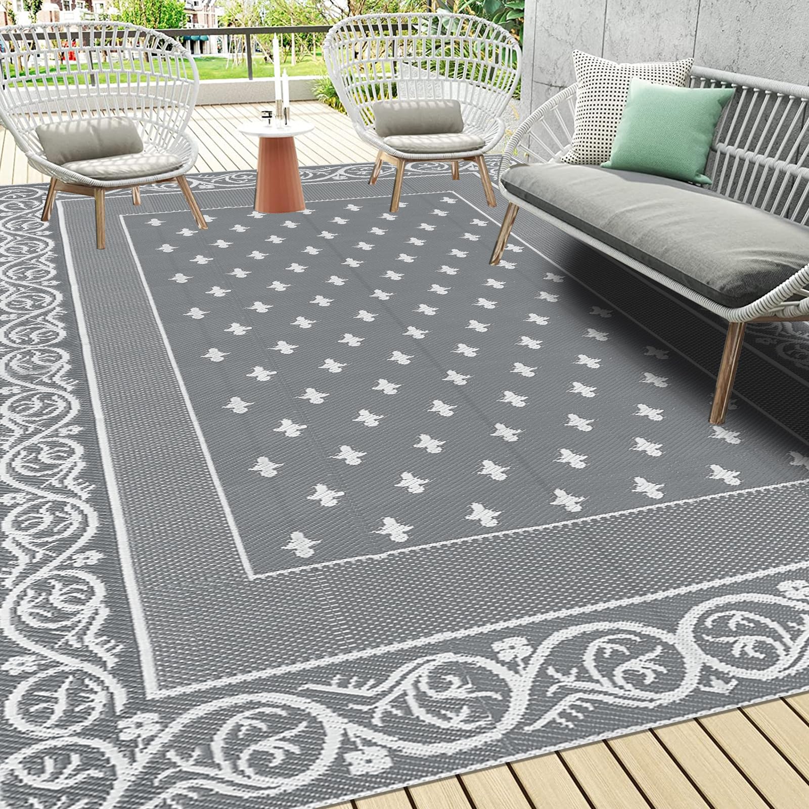 Pauwer Waterproof Outdoor Rug 9x12 bordered grey front view