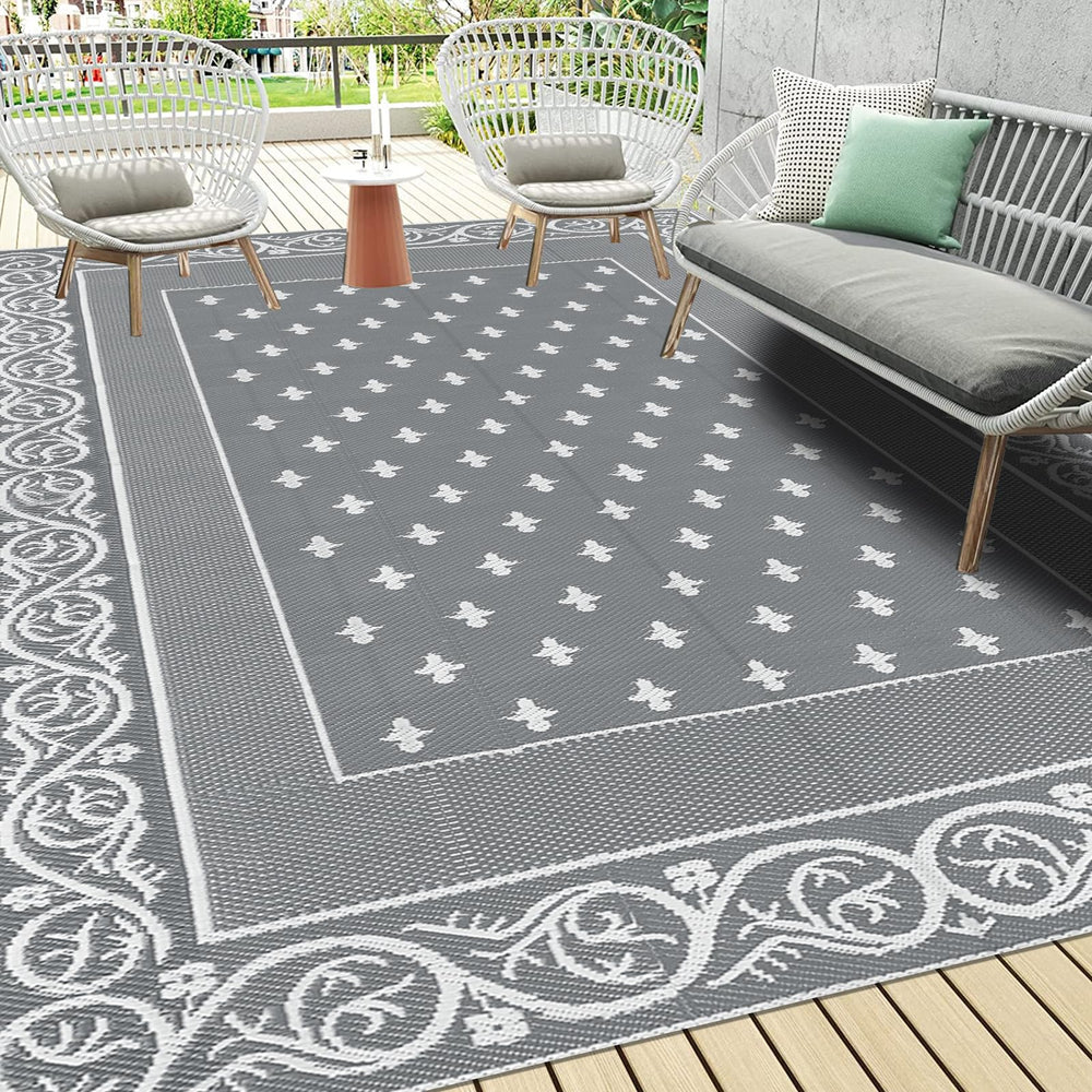 Pauwer Waterproof Outdoor Rug 9x12 bordered grey front view