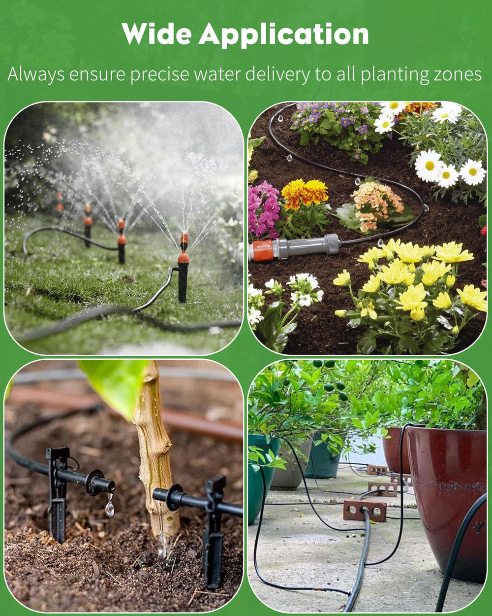 Pawfly drip irrigation tubing in use around flower beds