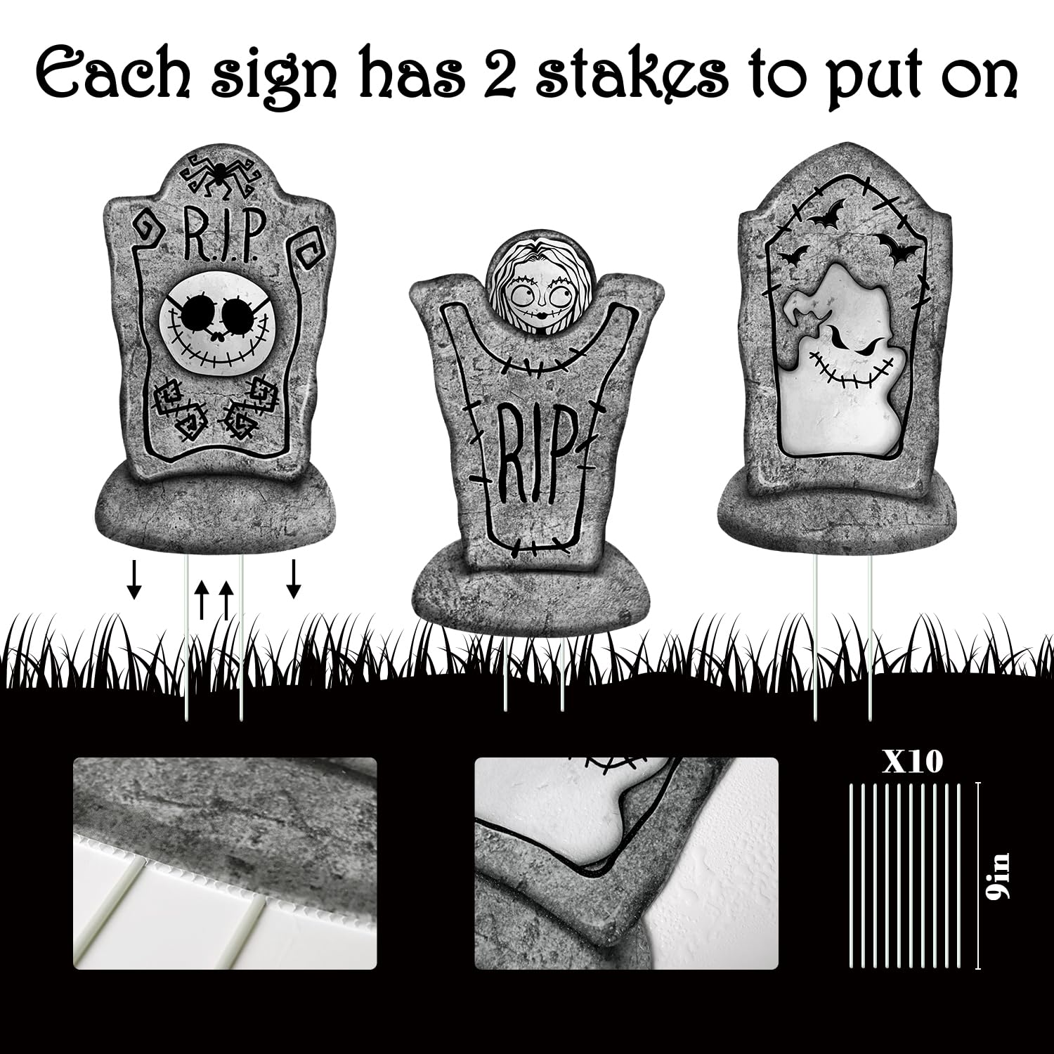Pawliss Halloween decorations package showing four tombstones with stakes