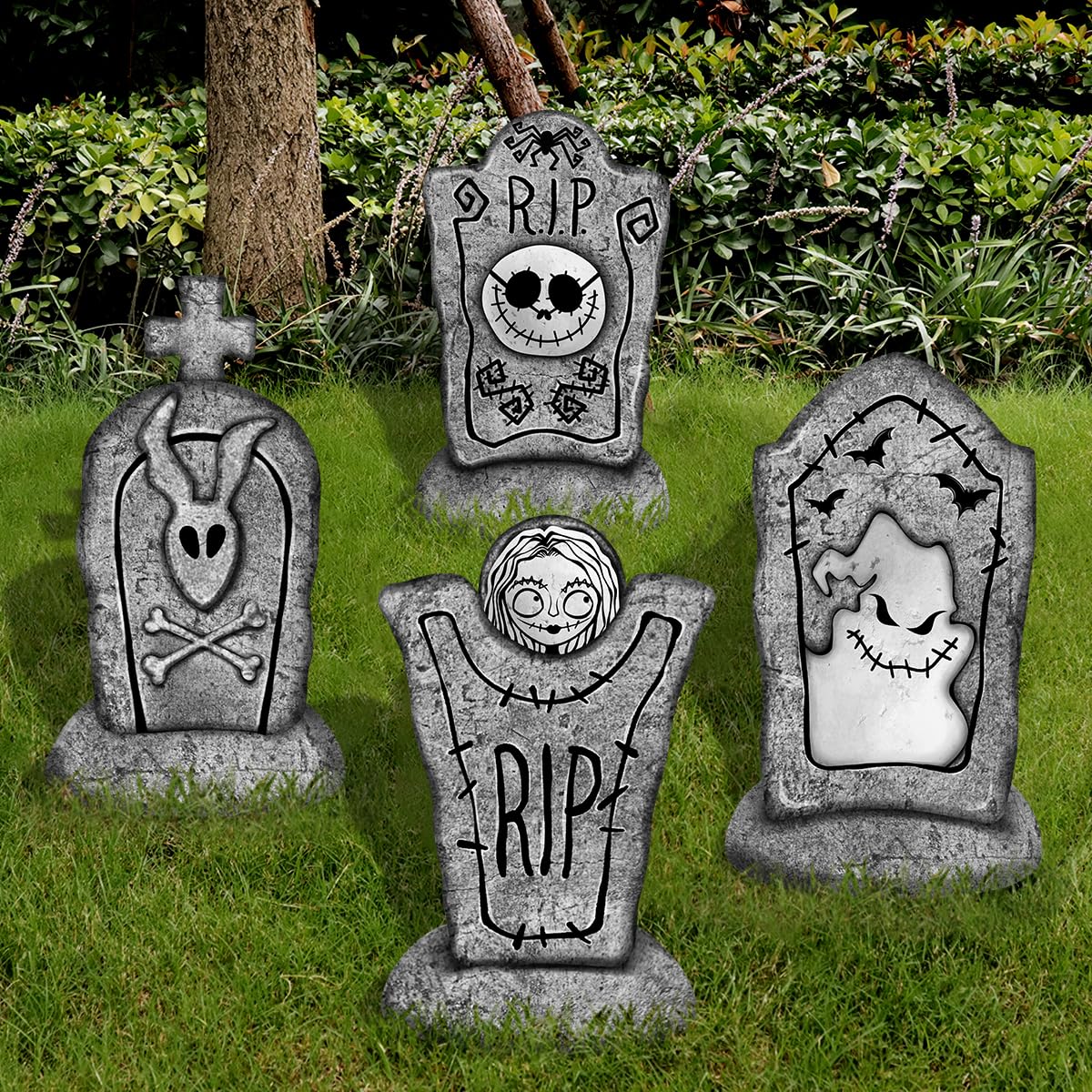 Pawliss Halloween tombstones displayed in a yard setting