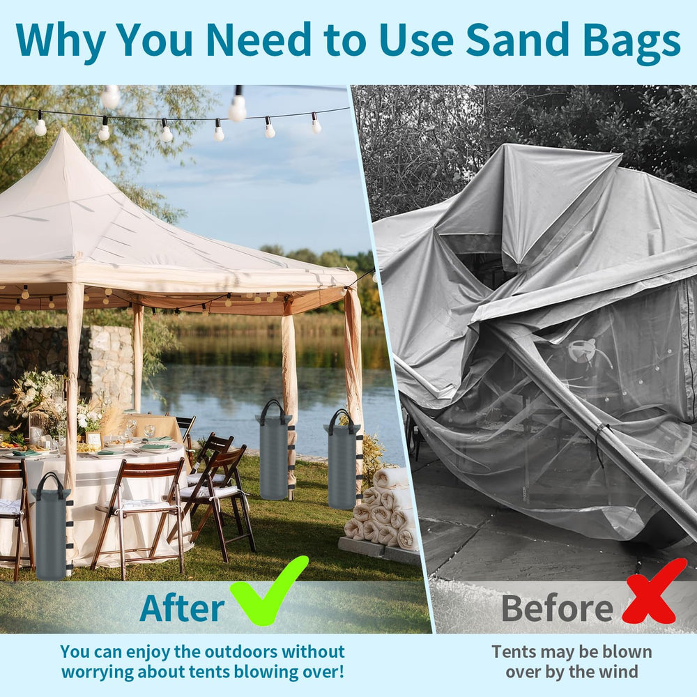 PEASUG sand bags secured to tent legs