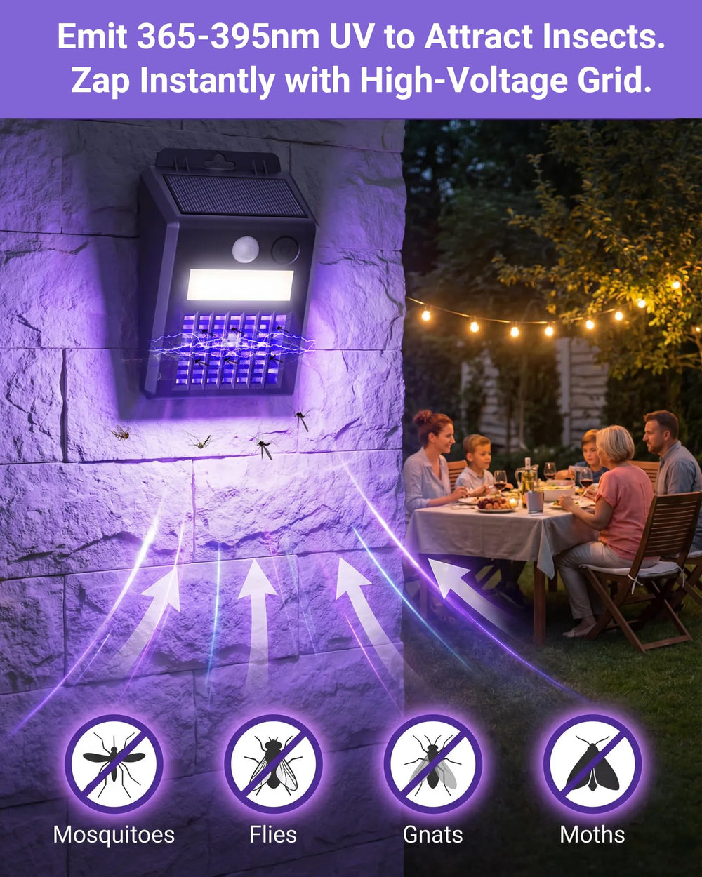 Peepst Solar Bug Zapper Outdoor in use at night illuminating a garden