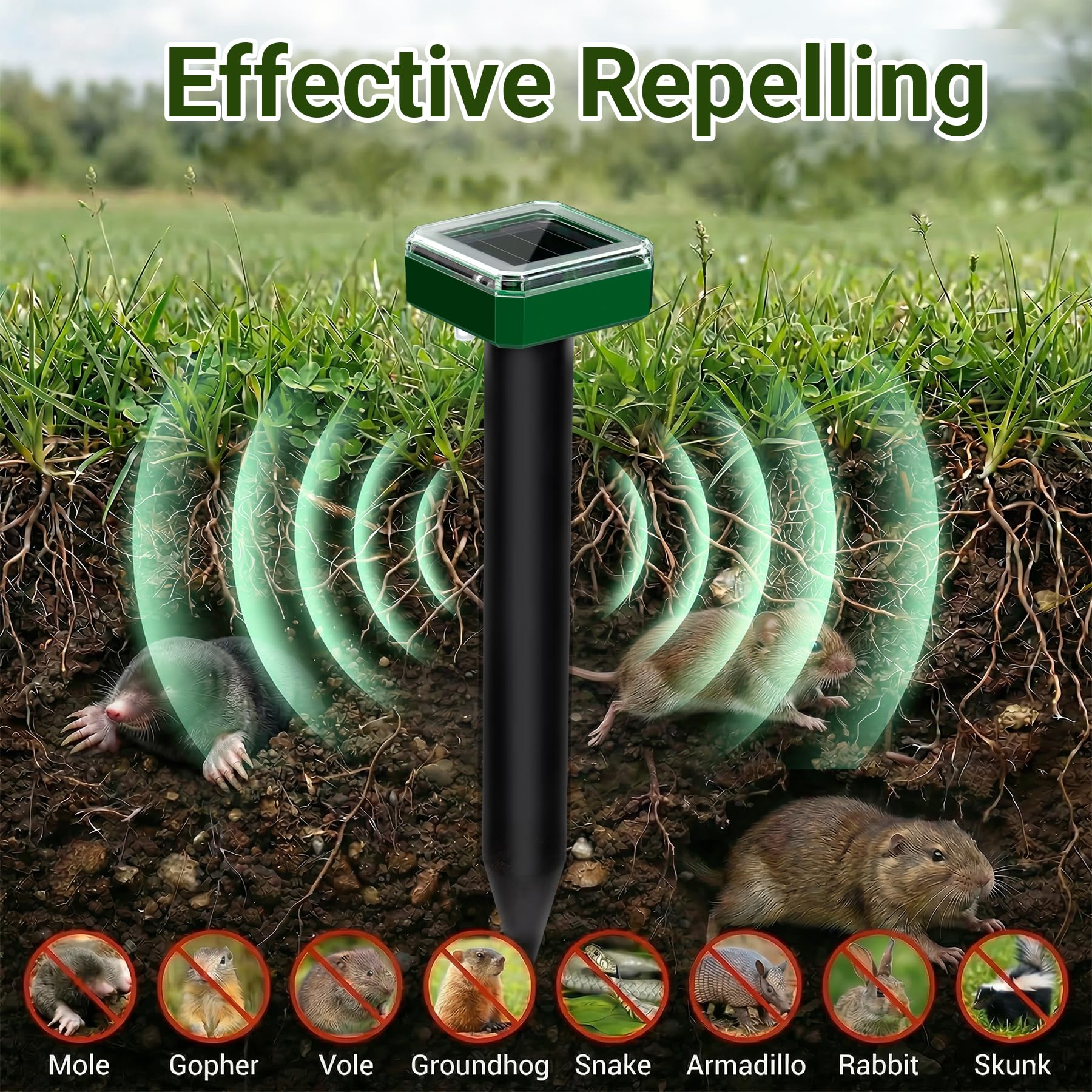 Peepst Solar Powered Mole Repeller showing waterproof design