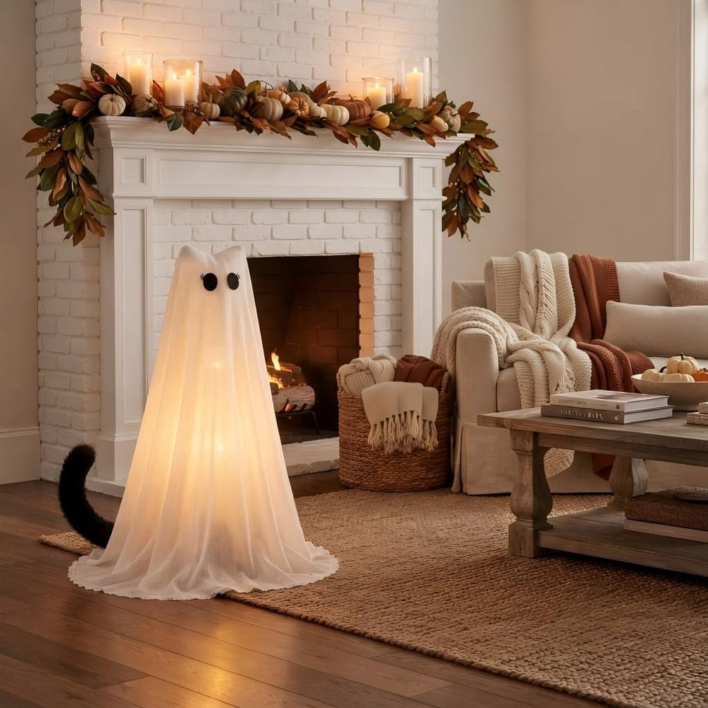 PEJOURI Lighted Cat Ghost next to a porch entrance