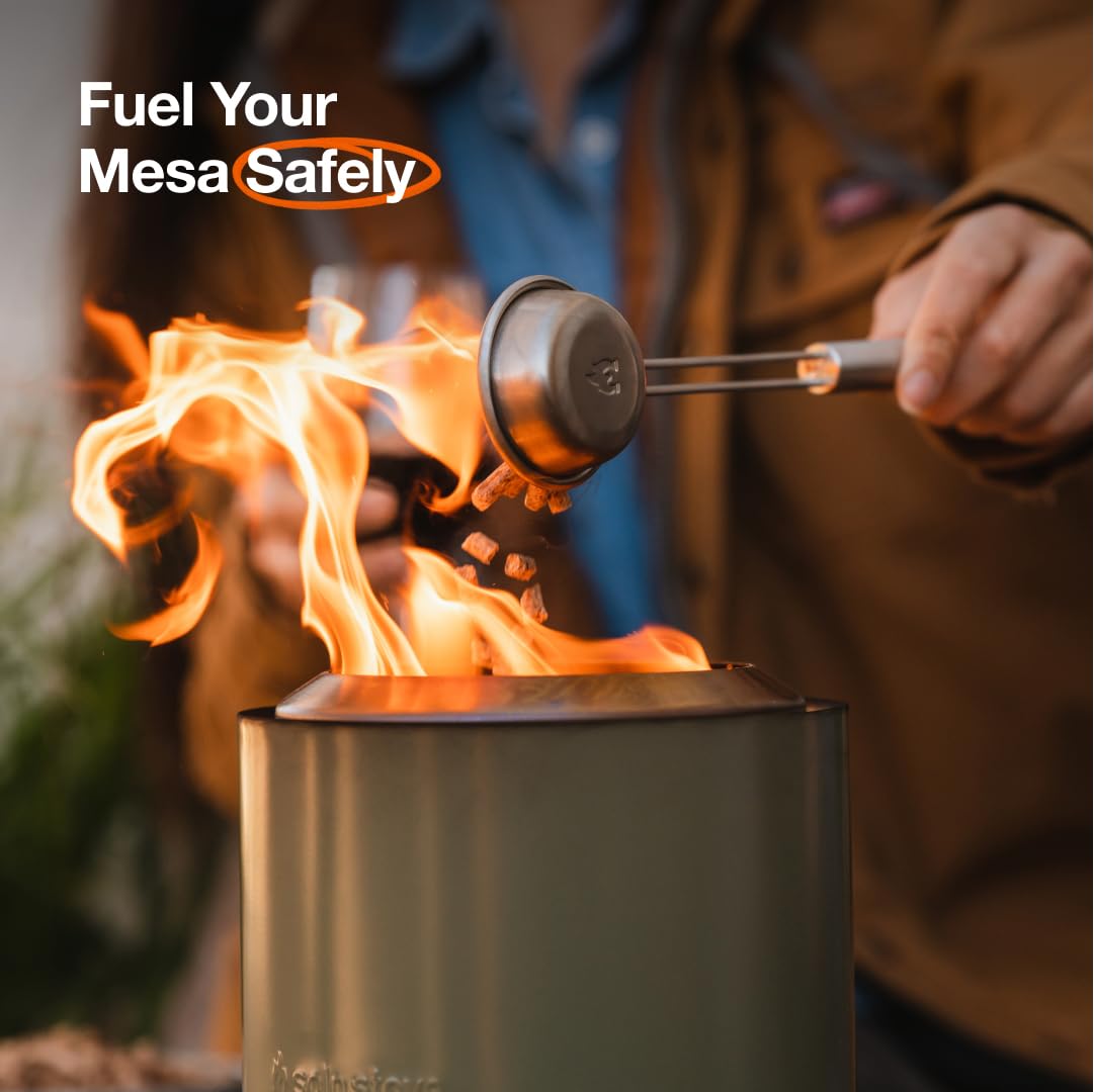 Pellet scoop for safe fuel addition to Mesa fire pit