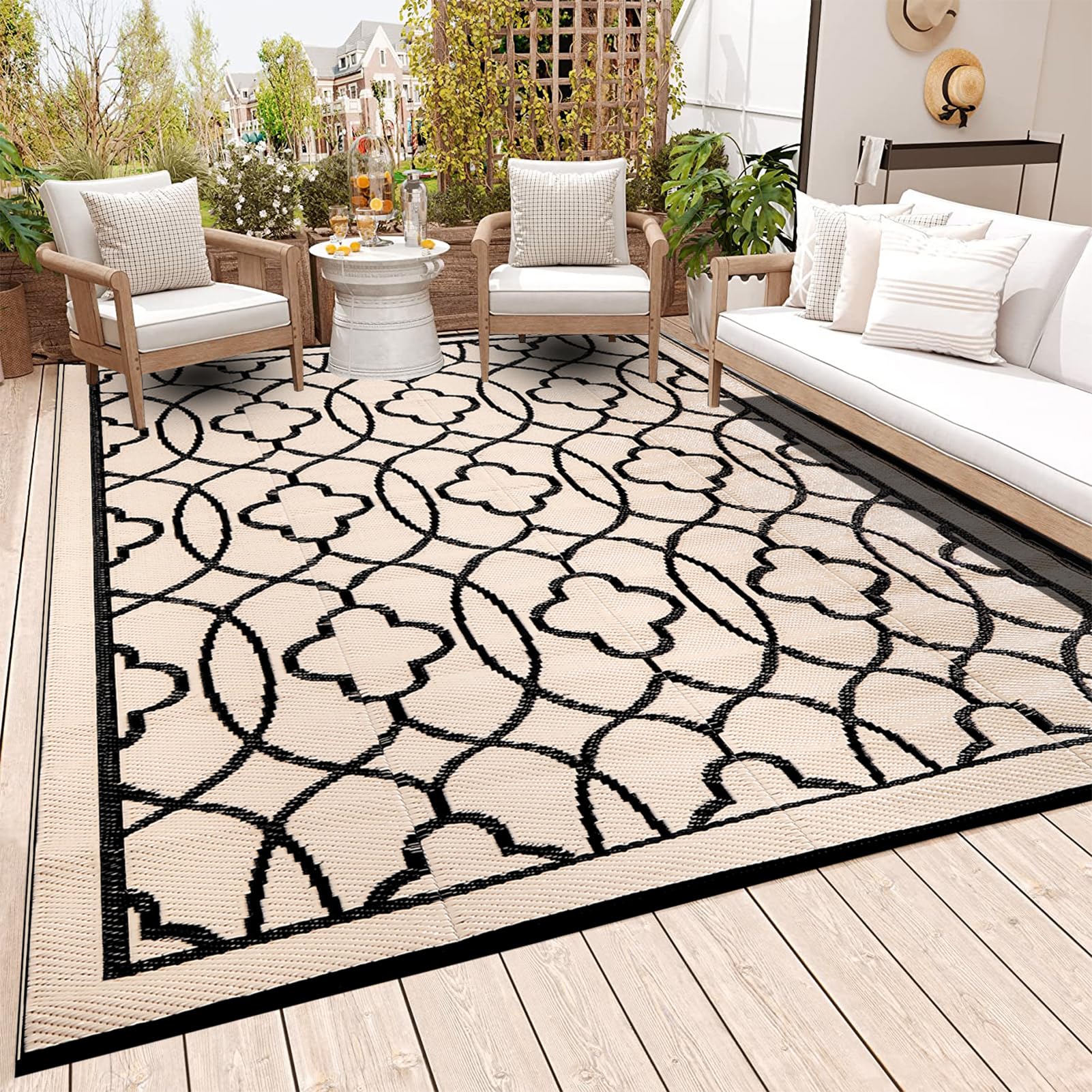 Pendolr Outdoor Rug 8x10 ft black beige front view