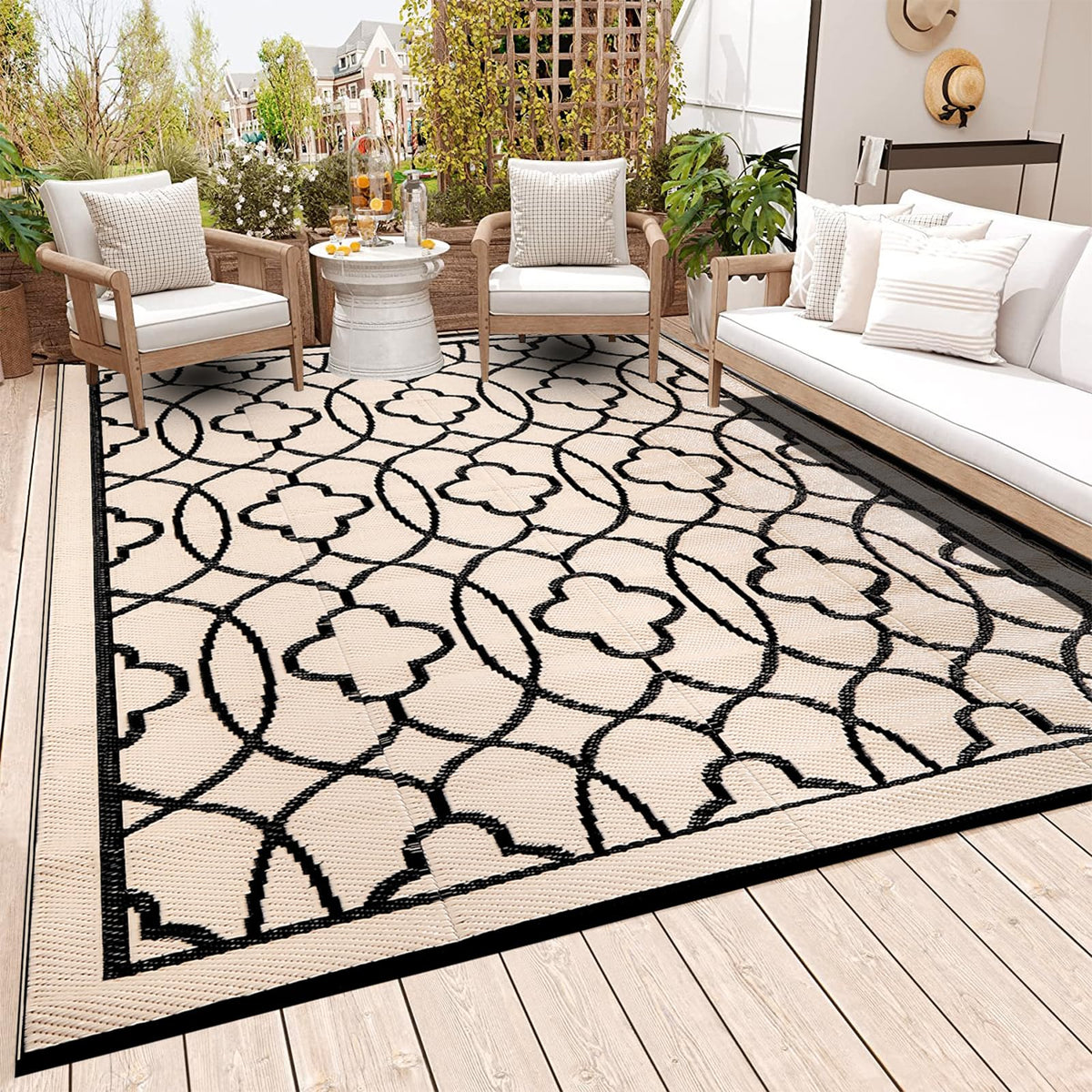 Pendolr Outdoor Rug 8x10 ft black beige front view