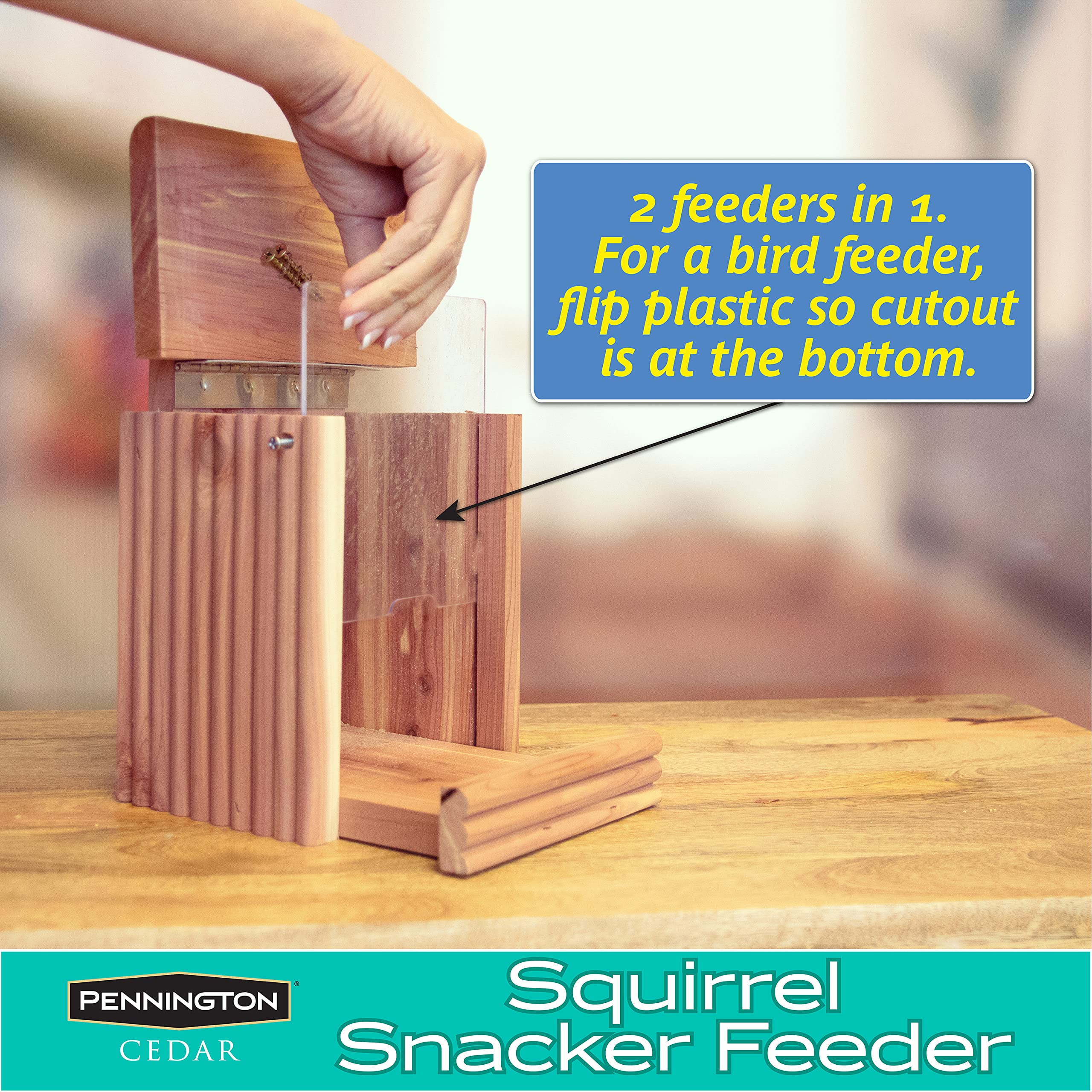 Pennington Cedar Squirrel Snacker Feeder assembled with hanging hardware