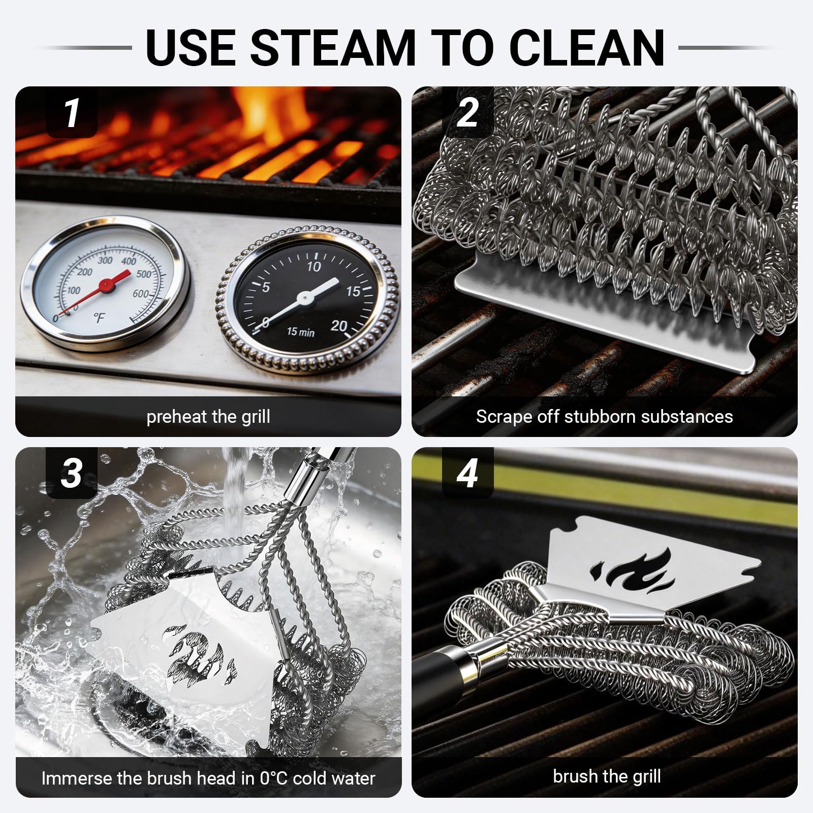 PePeng grill brush and scraper set on a grill surface