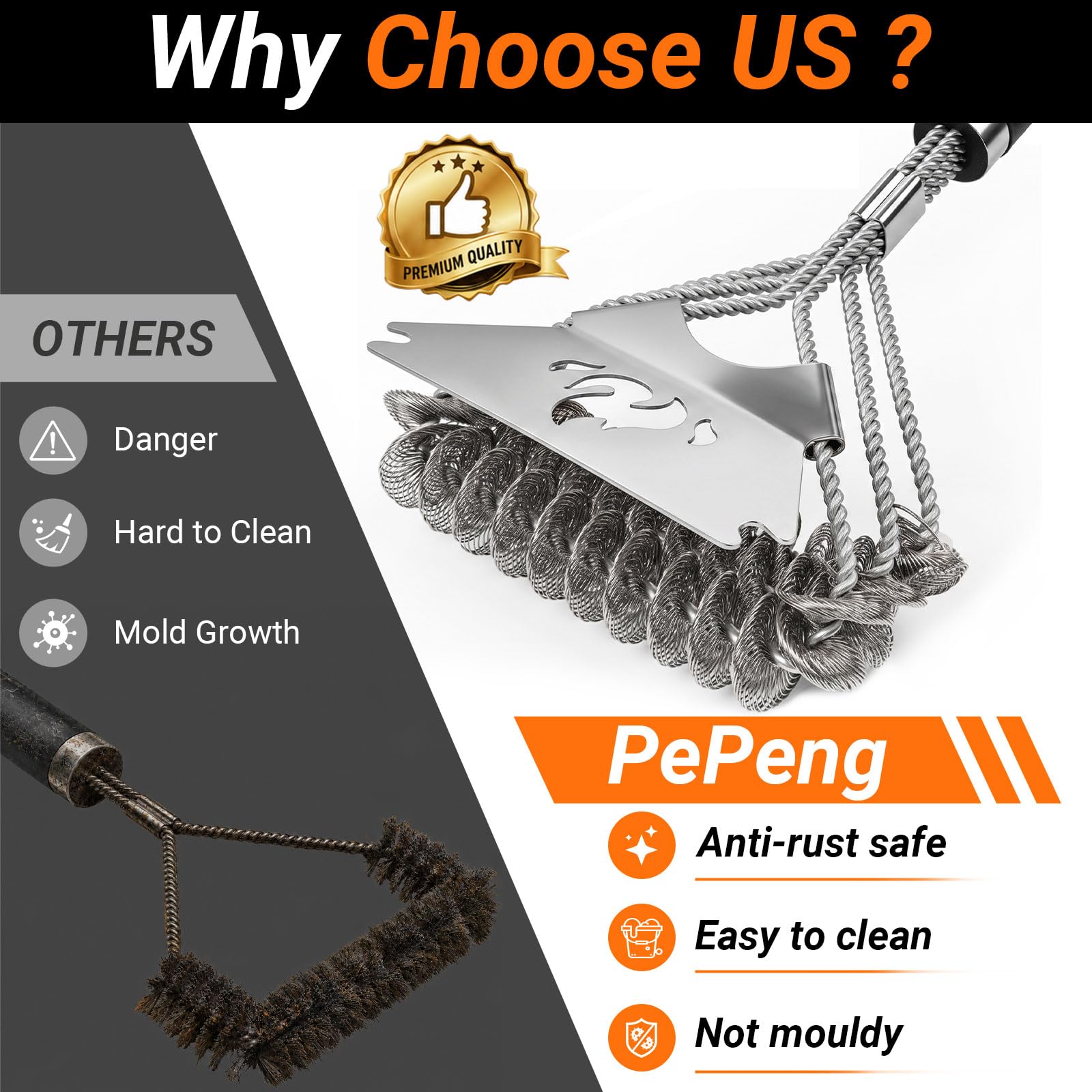 PePeng grill brush in action cleaning a gas grill