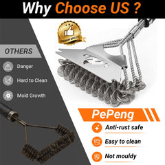 PePeng grill brush in action cleaning a gas grill