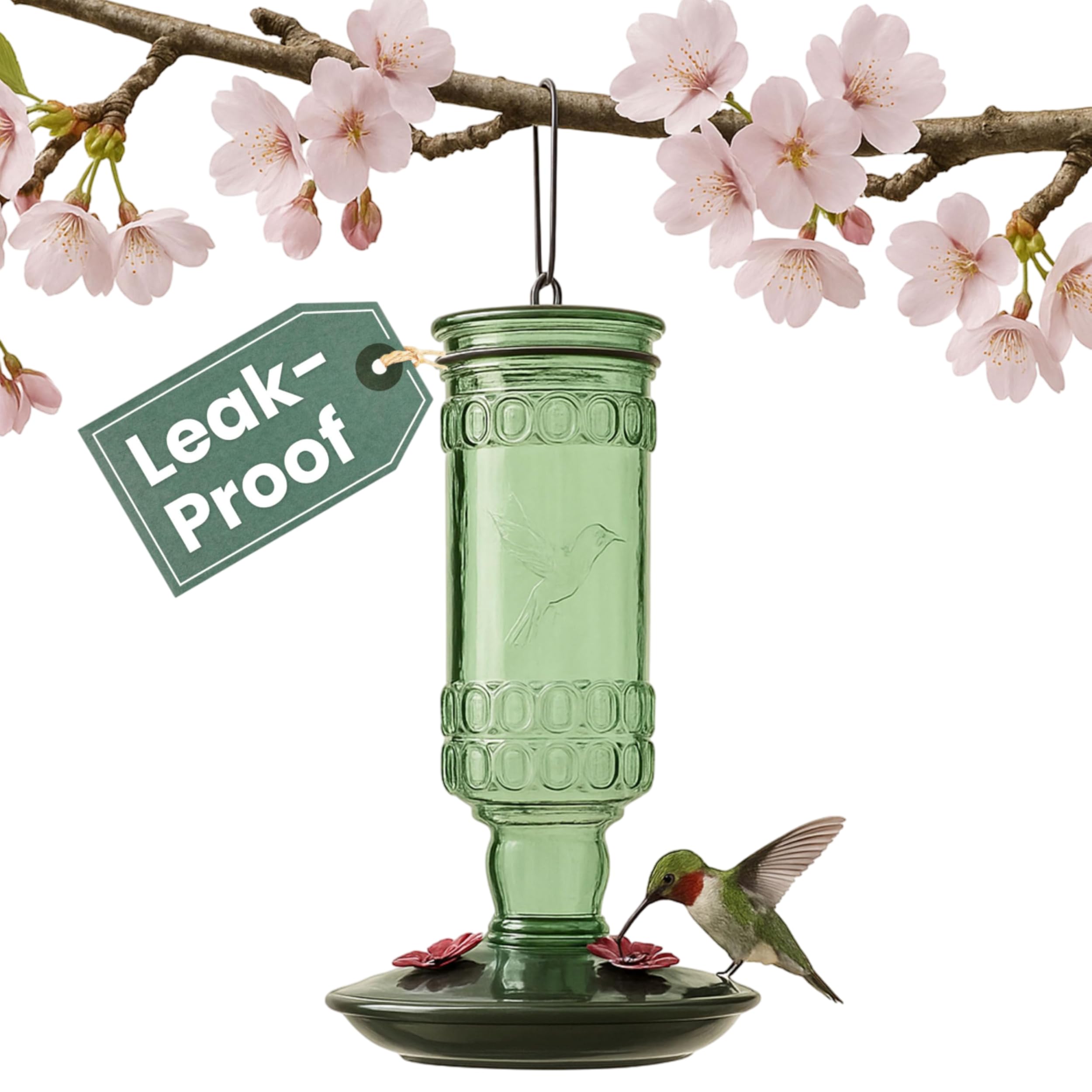 Perky-Pet Antique Glass Bottle Hummingbird Feeder front view with green vintage-style bottle