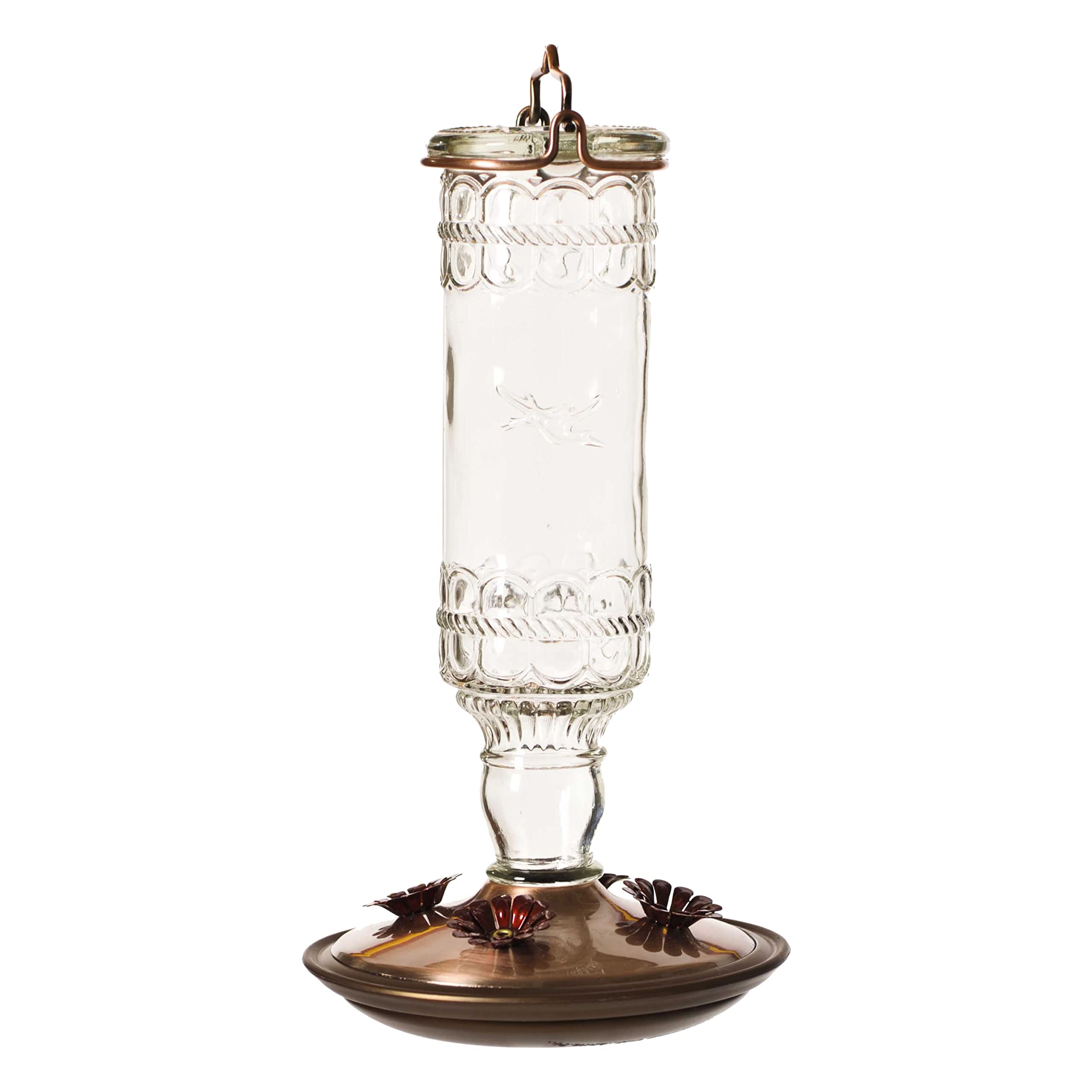 Perky-Pet Antique Glass Hummingbird Feeder front view with brushed copper accents