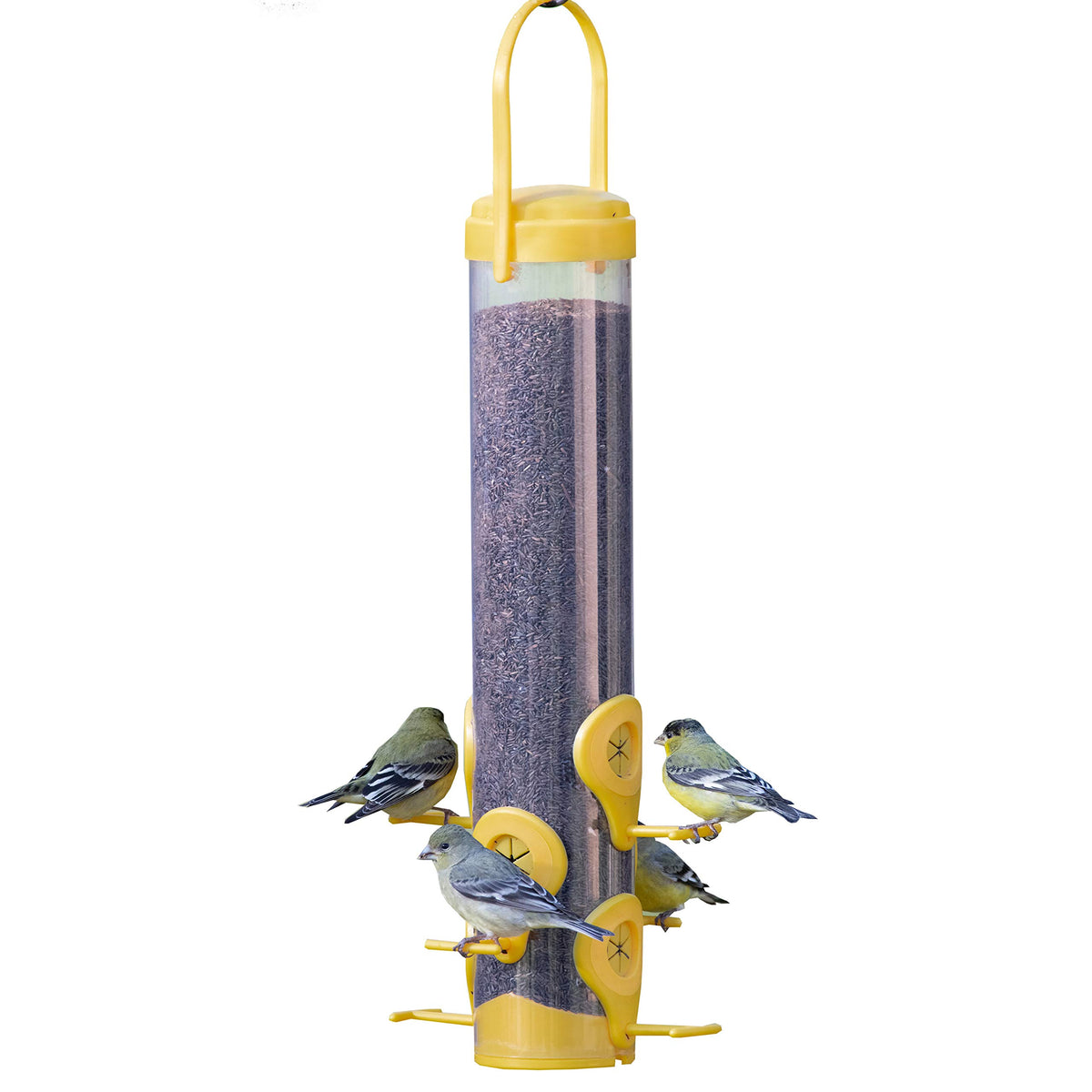 Perky-Pet Finch Feeder yellow model with Flexports front view
