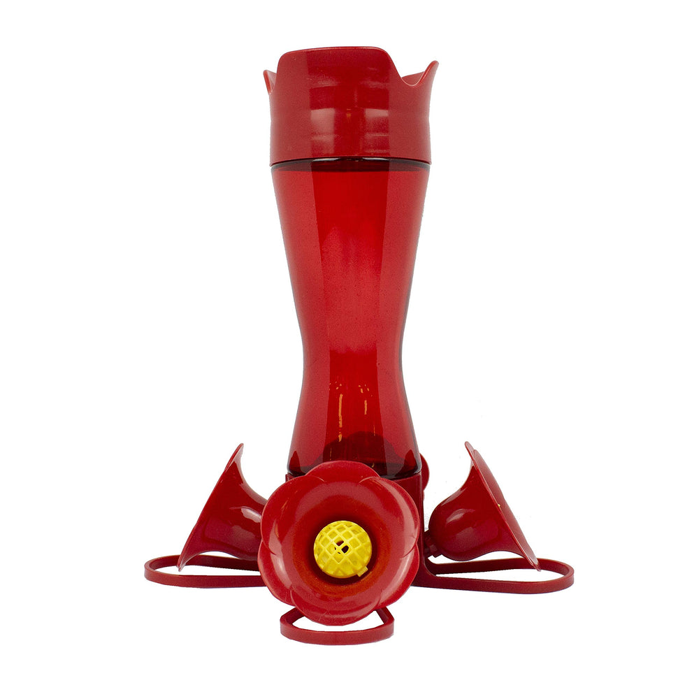 Perky-Pet Hummingbird Feeder front view with red plastic bottle