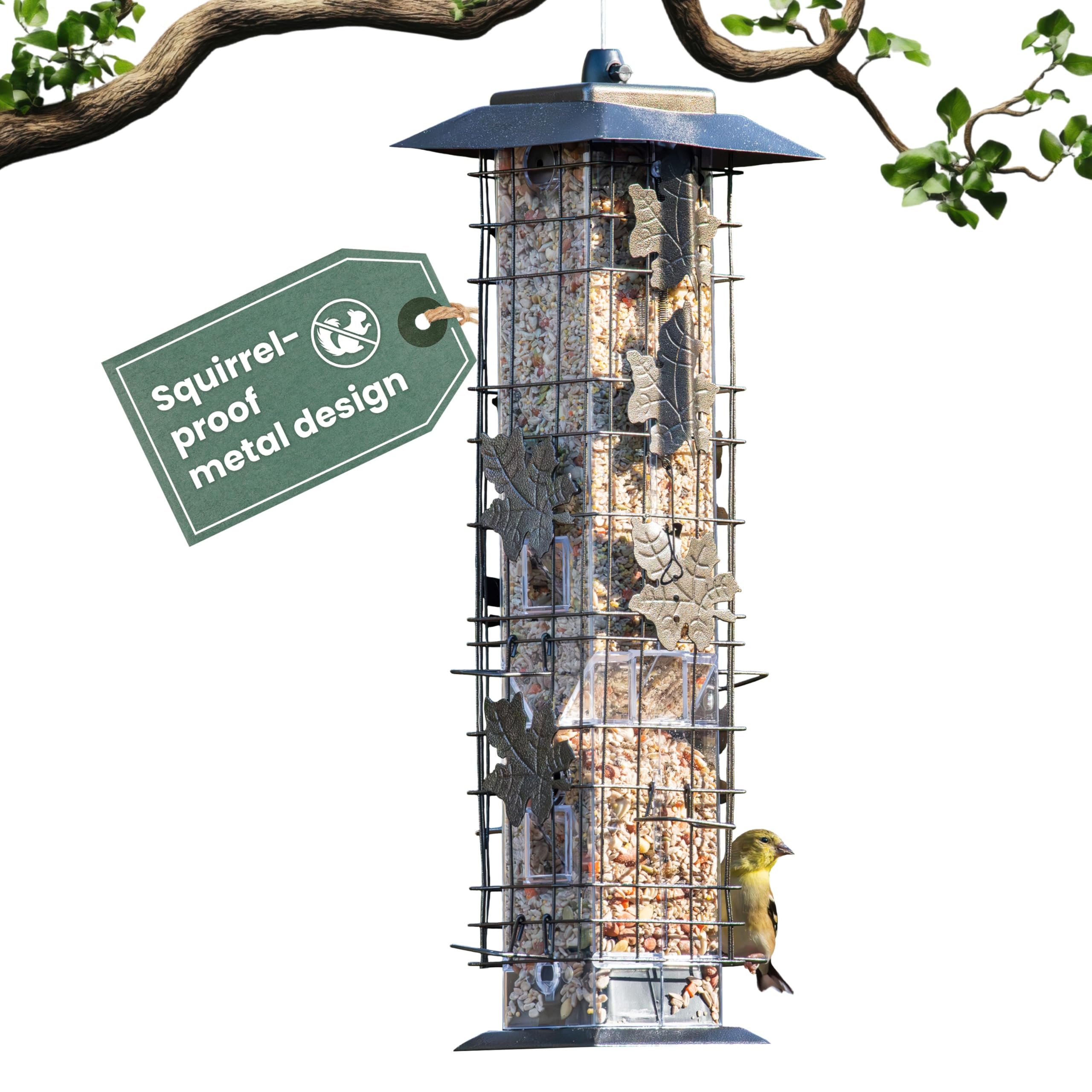 Perky-Pet Squirrel-Be-Gone Bird Feeder front view with clear seed reservoir
