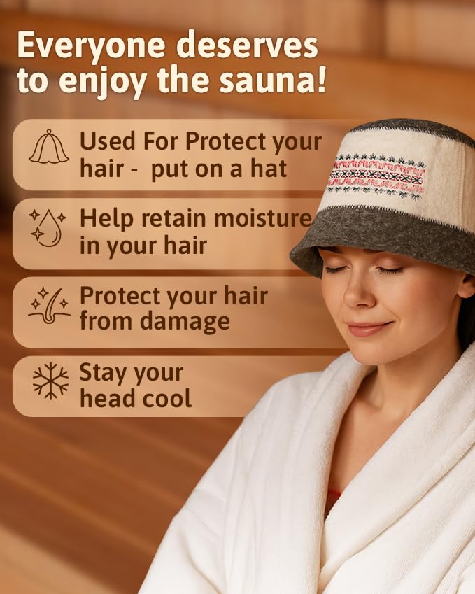 Person wearing Ukrainian Wool Sauna Hat in a sauna setting