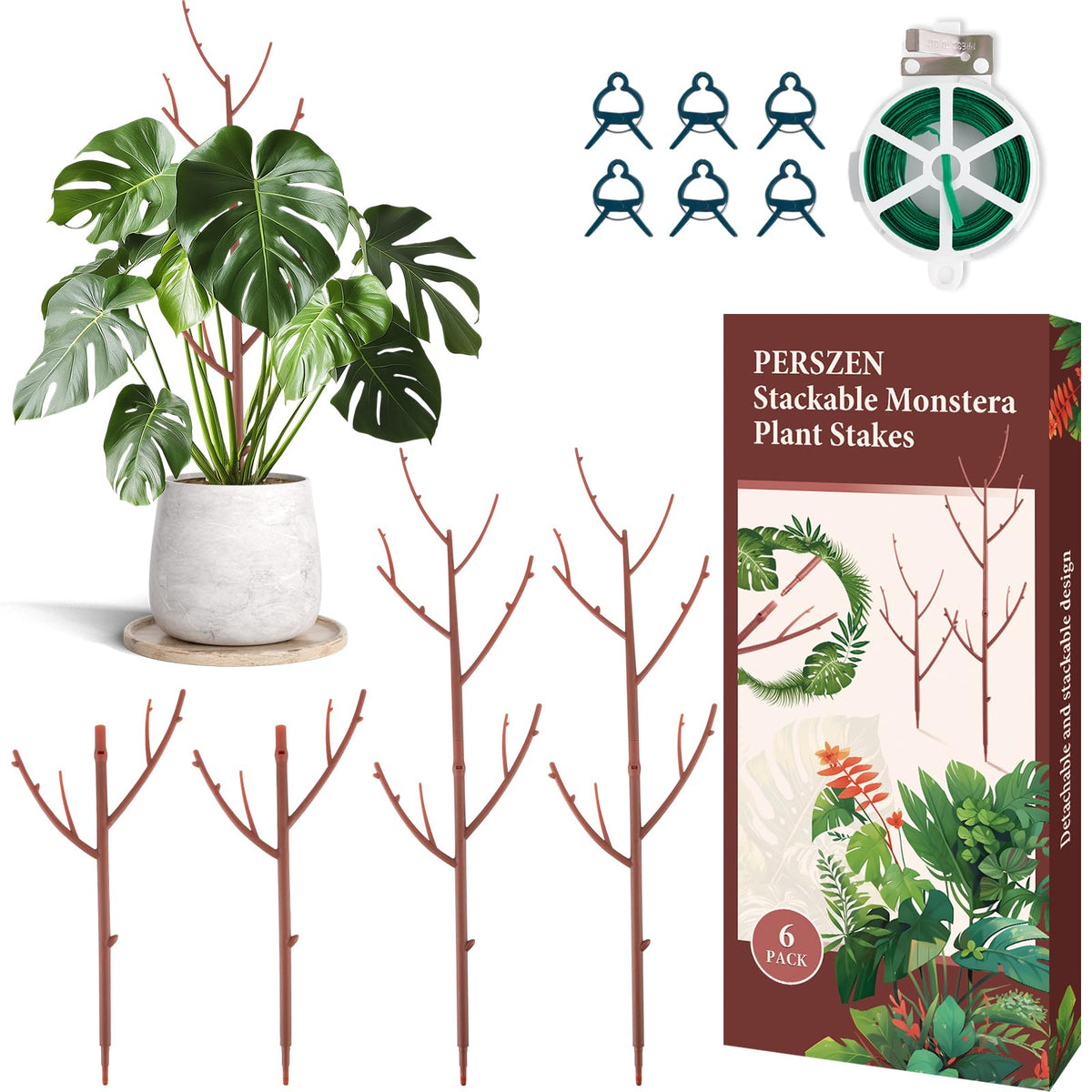 PERSZEN 6 Pack Stackable Monstera Plant Support, brown colour front view