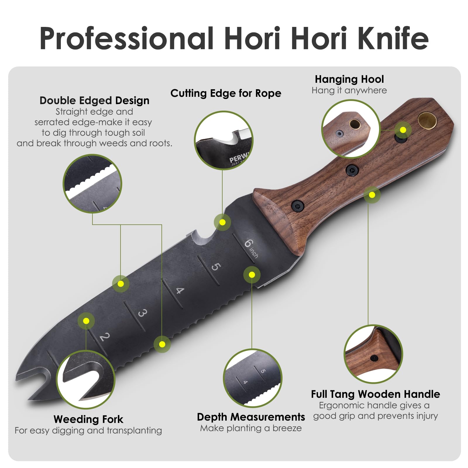 PERWIN Hori Hori Garden Knife displayed with protective sheath