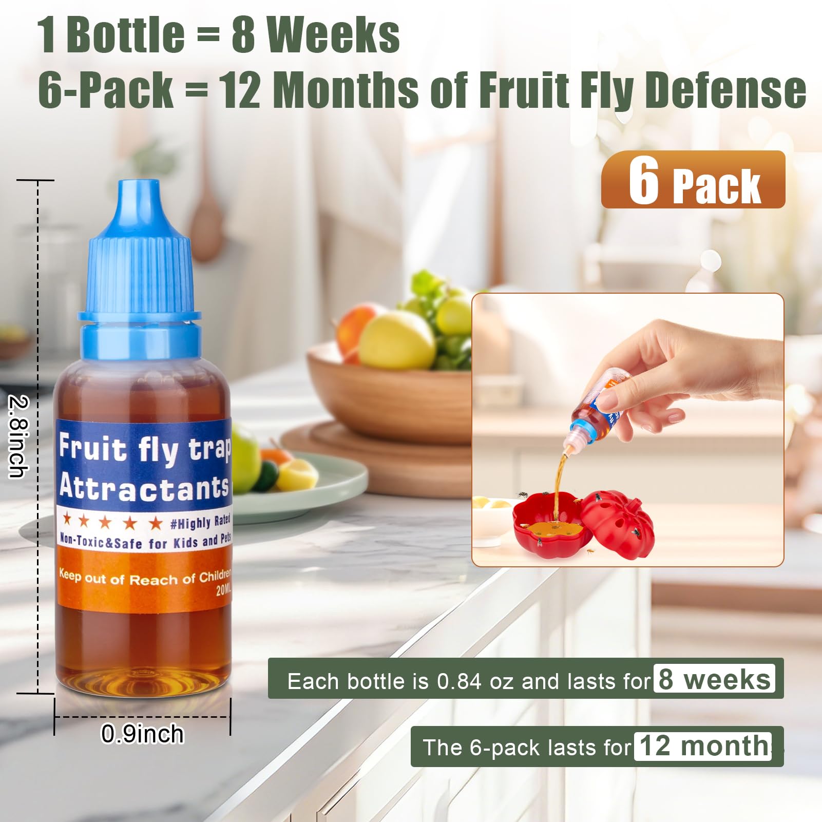 Pestvanish Fruit Fly Trap Refill Liquid displayed on a kitchen counter