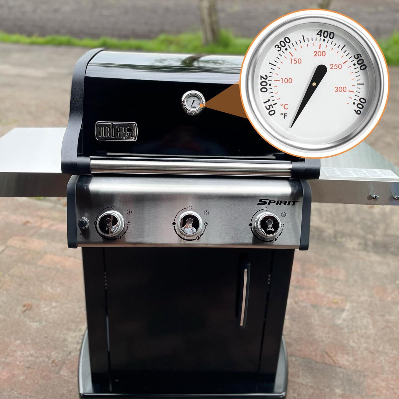 PETKAO temperature gauge next to a grilling setup