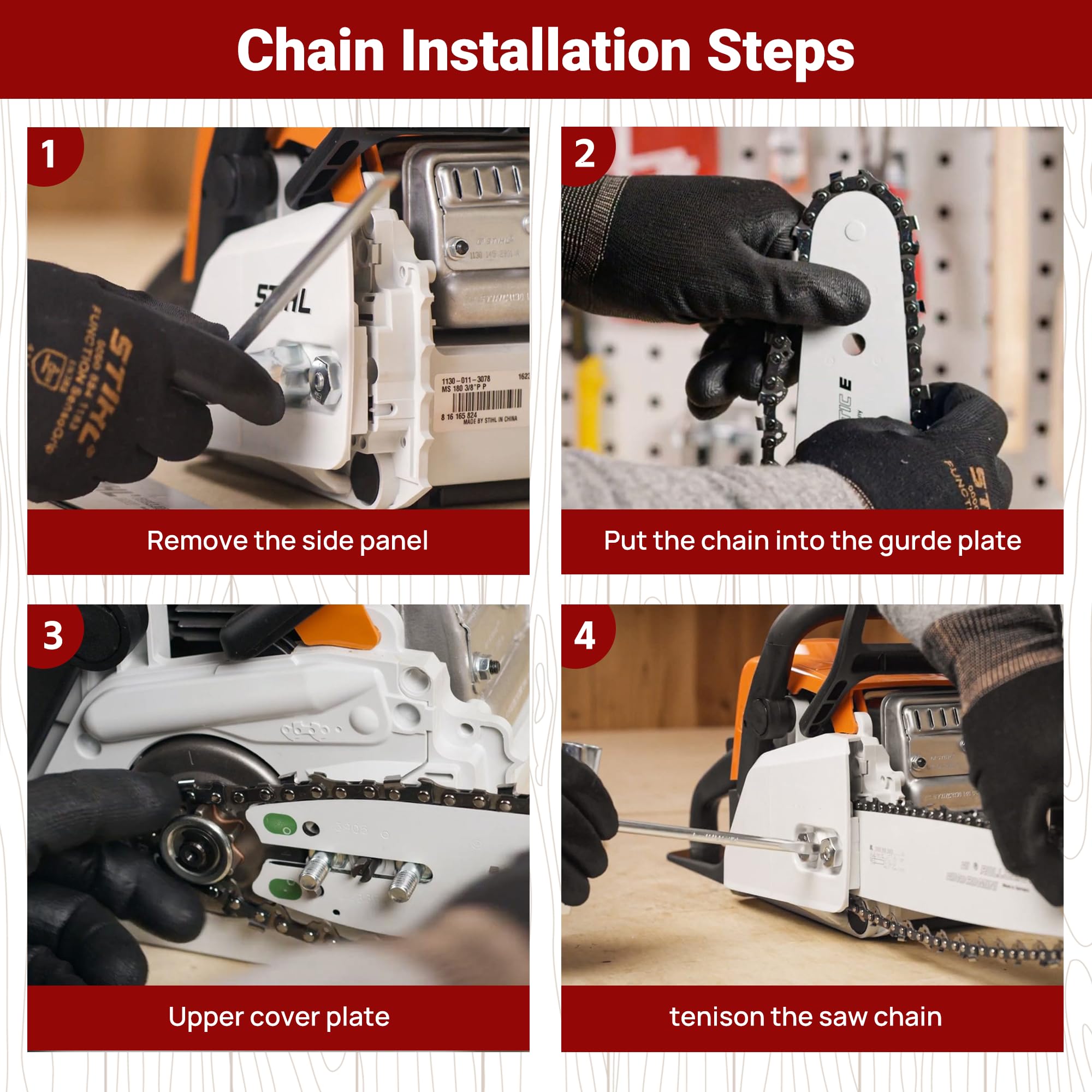 PETOX chainsaw chain next to a measuring tape for size reference