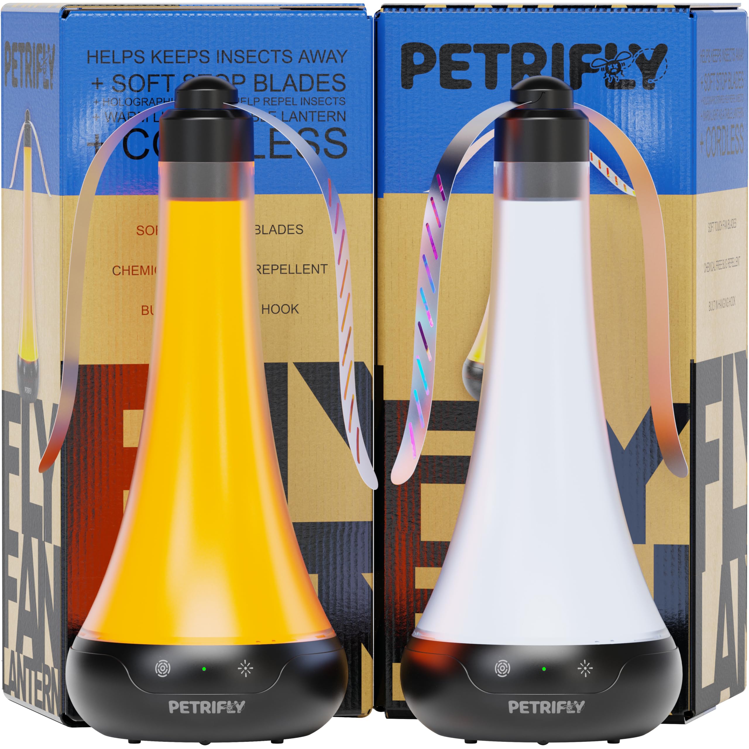 PETRI Fly Fans for Tables, front view with amber light