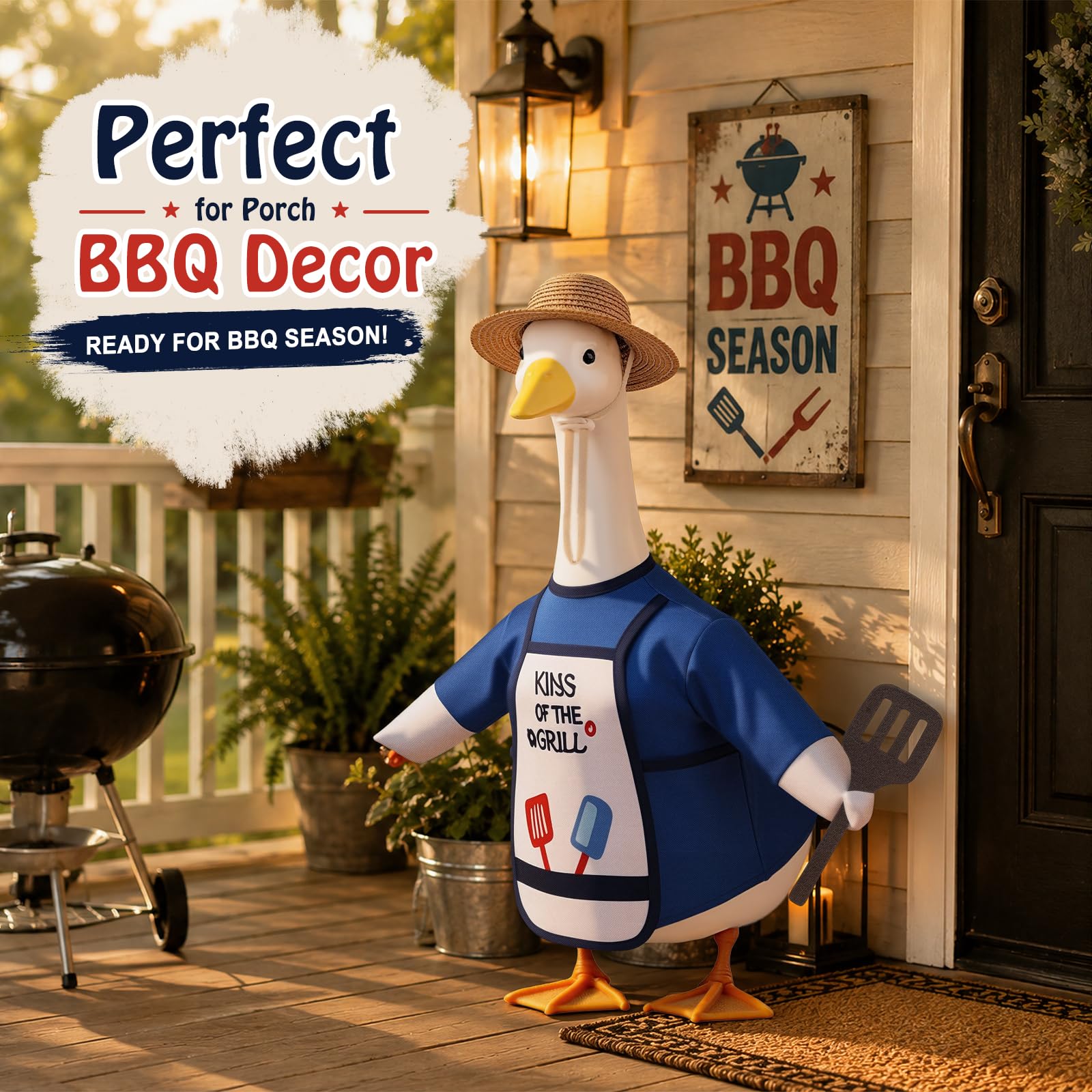 Pextian BBQ Porch Goose Outfit shown on a 23-inch concrete goose