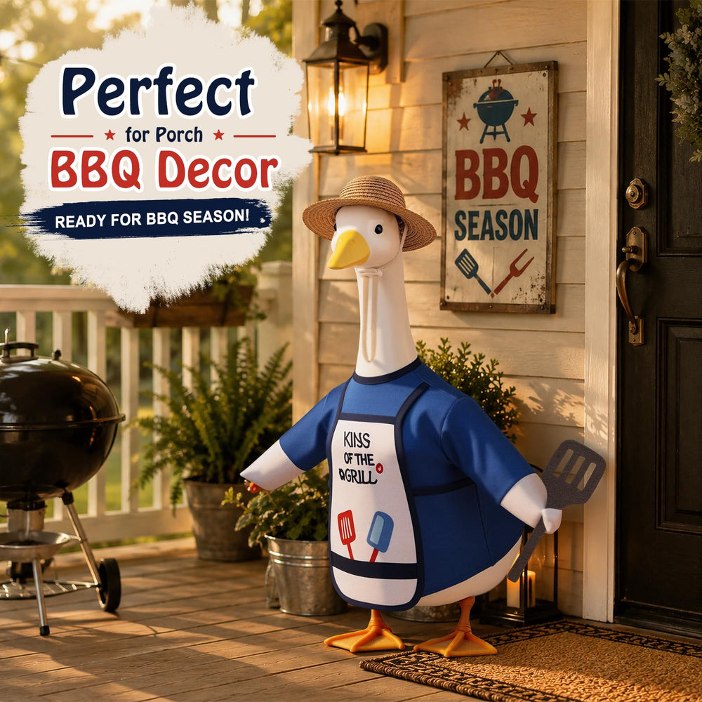 Pextian BBQ Porch Goose Outfit shown on a 23-inch concrete goose