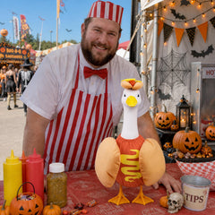 Pextian Goose Costume displayed on a porch