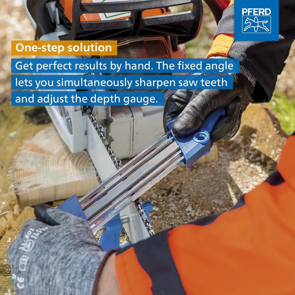 PFERD Chain Saw Sharpener CS-X demonstrating manual sharpening process