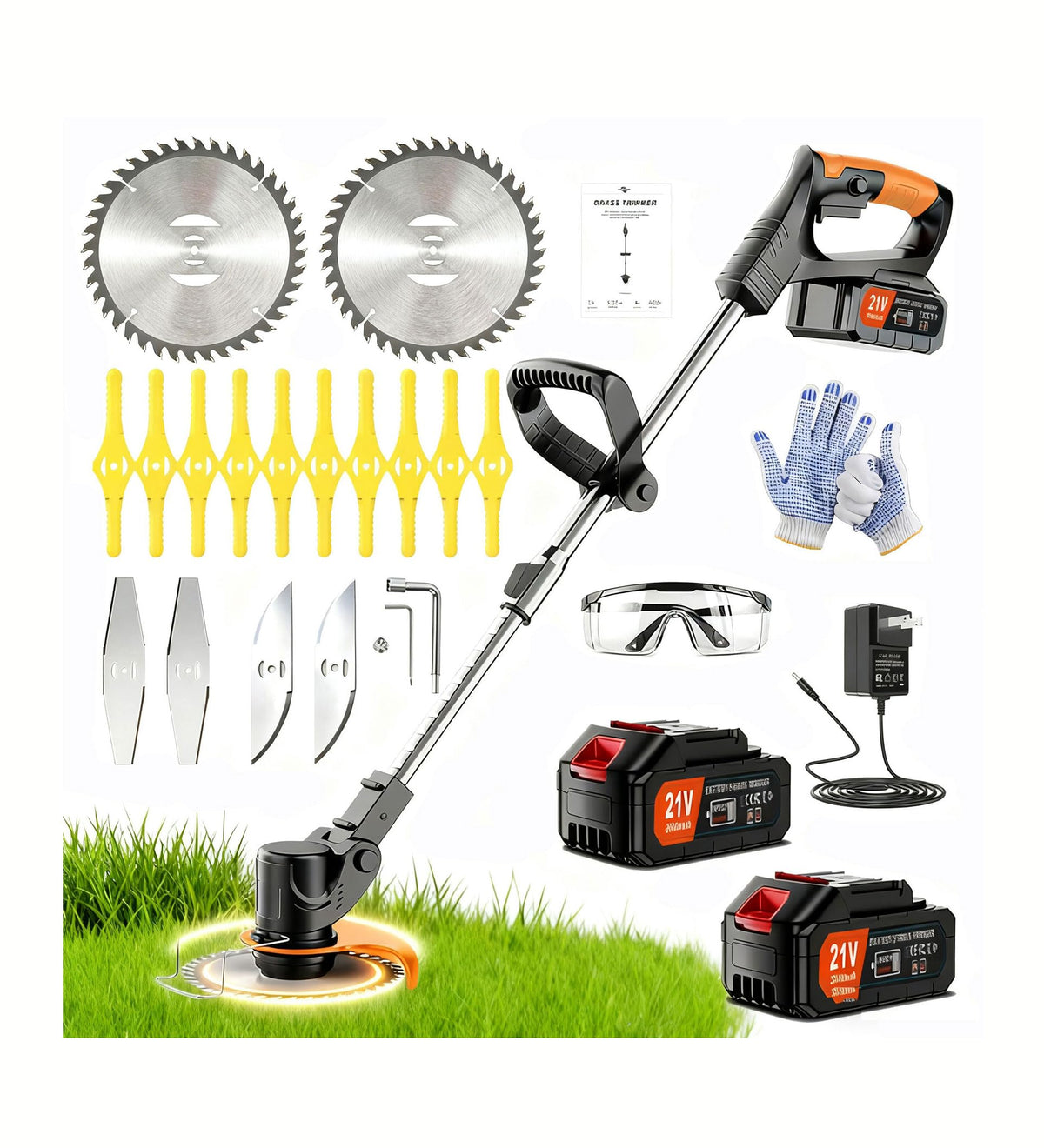 PFYELYI Weed Wacker front view with dual batteries and charger