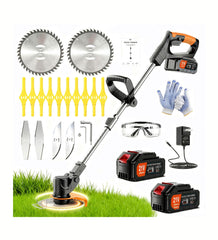 PFYELYI Weed Wacker front view with dual batteries and charger
