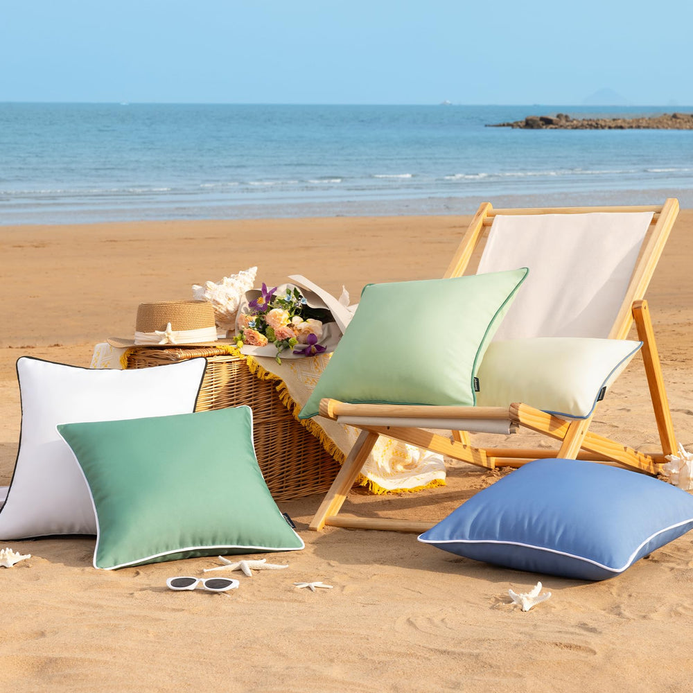 Phantoscope decorative pillow covers sage green beside a swimming pool