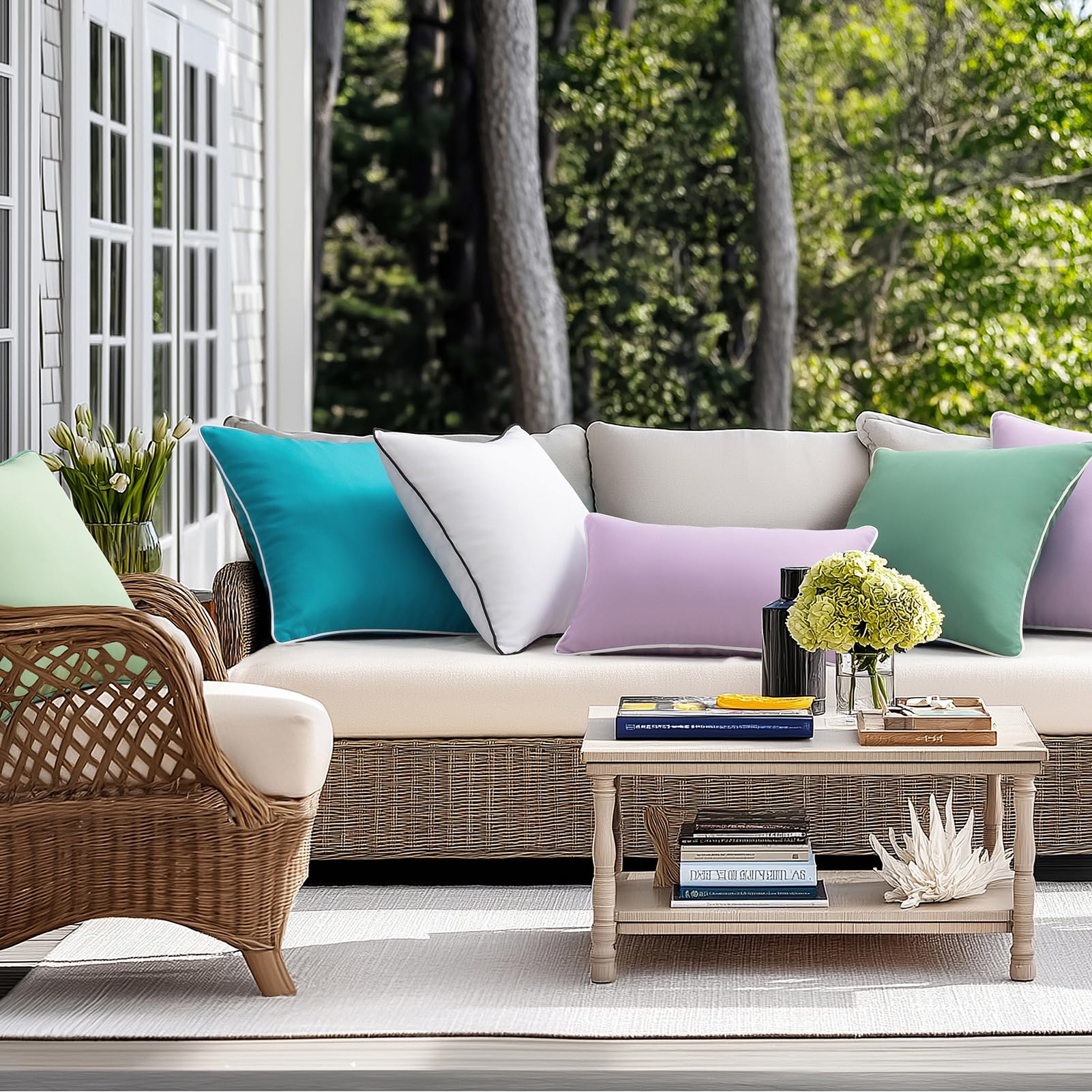 Phantoscope outdoor pillow covers sage green stacked for display