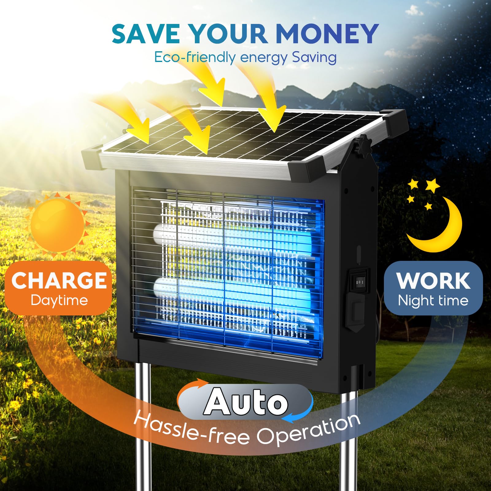PhatroyYee Solar Bug Zapper displayed with grounding stakes