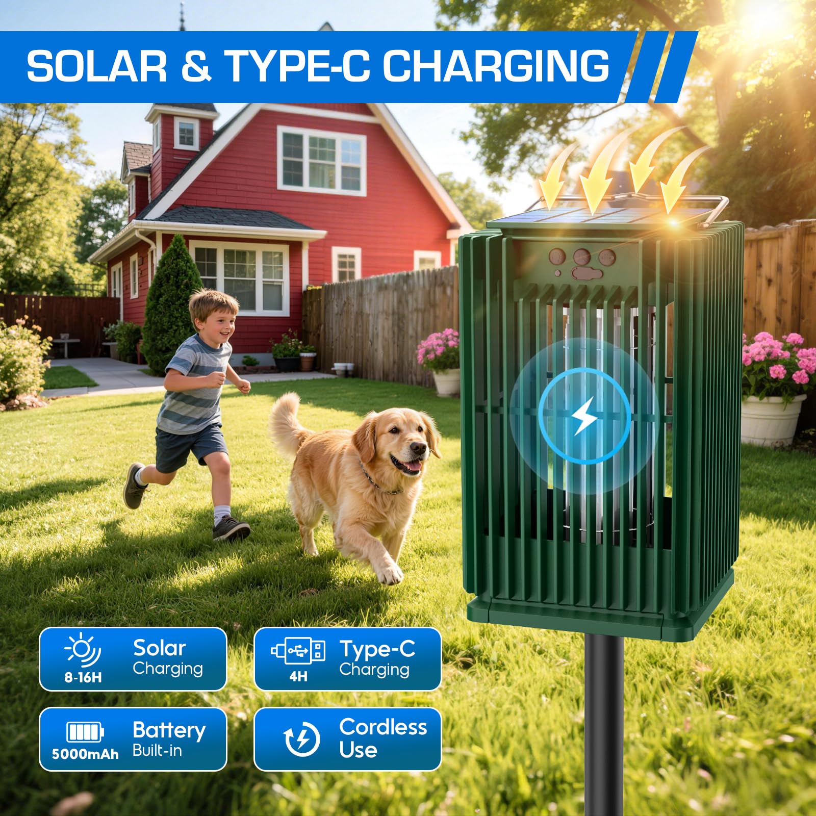 PhatroyYee Solar Bug Zapper showing the USB-C charging port