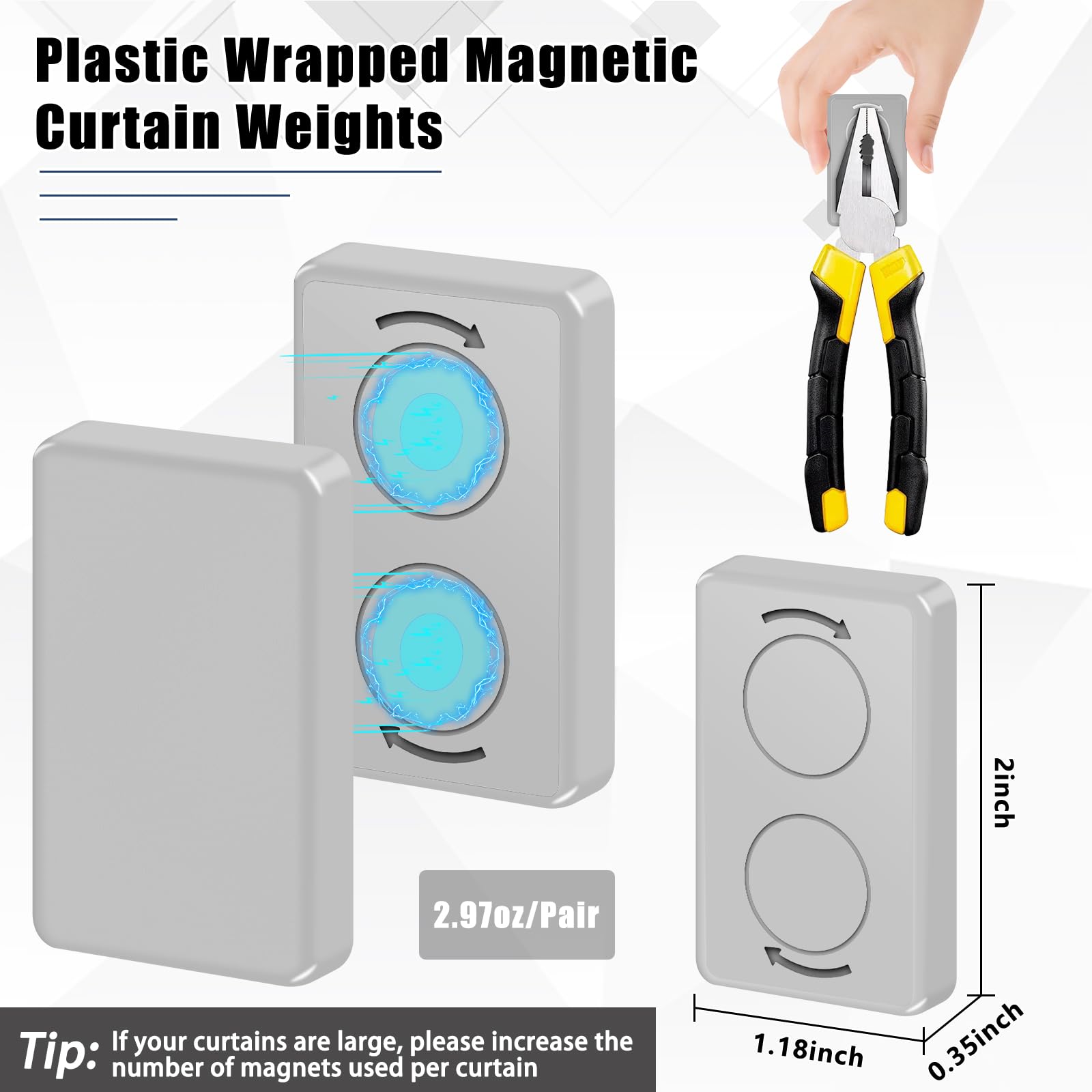 Phoncoo curtain weights showing strong magnetic adhesion