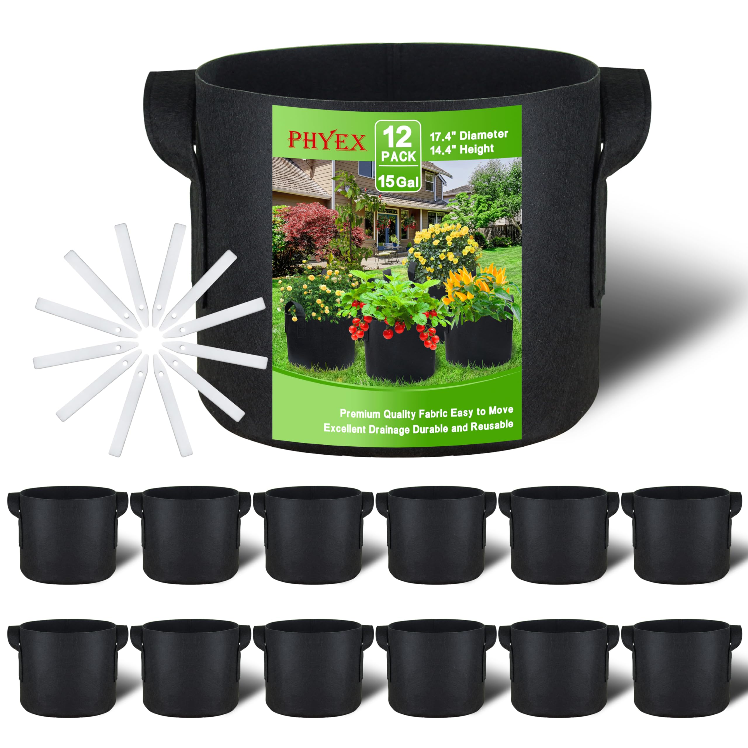 PHYEX 12-Pack 15 Gallon Grow Bags in black fabric front view