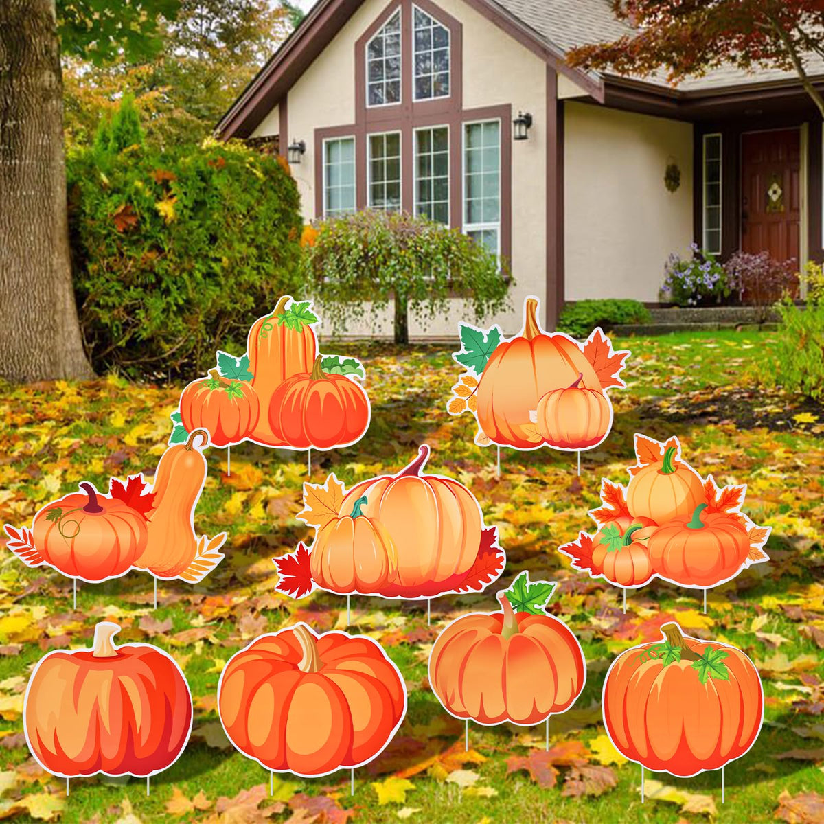 PhyLence 9-Pack Pumpkin Yard Signs assorted designs front view