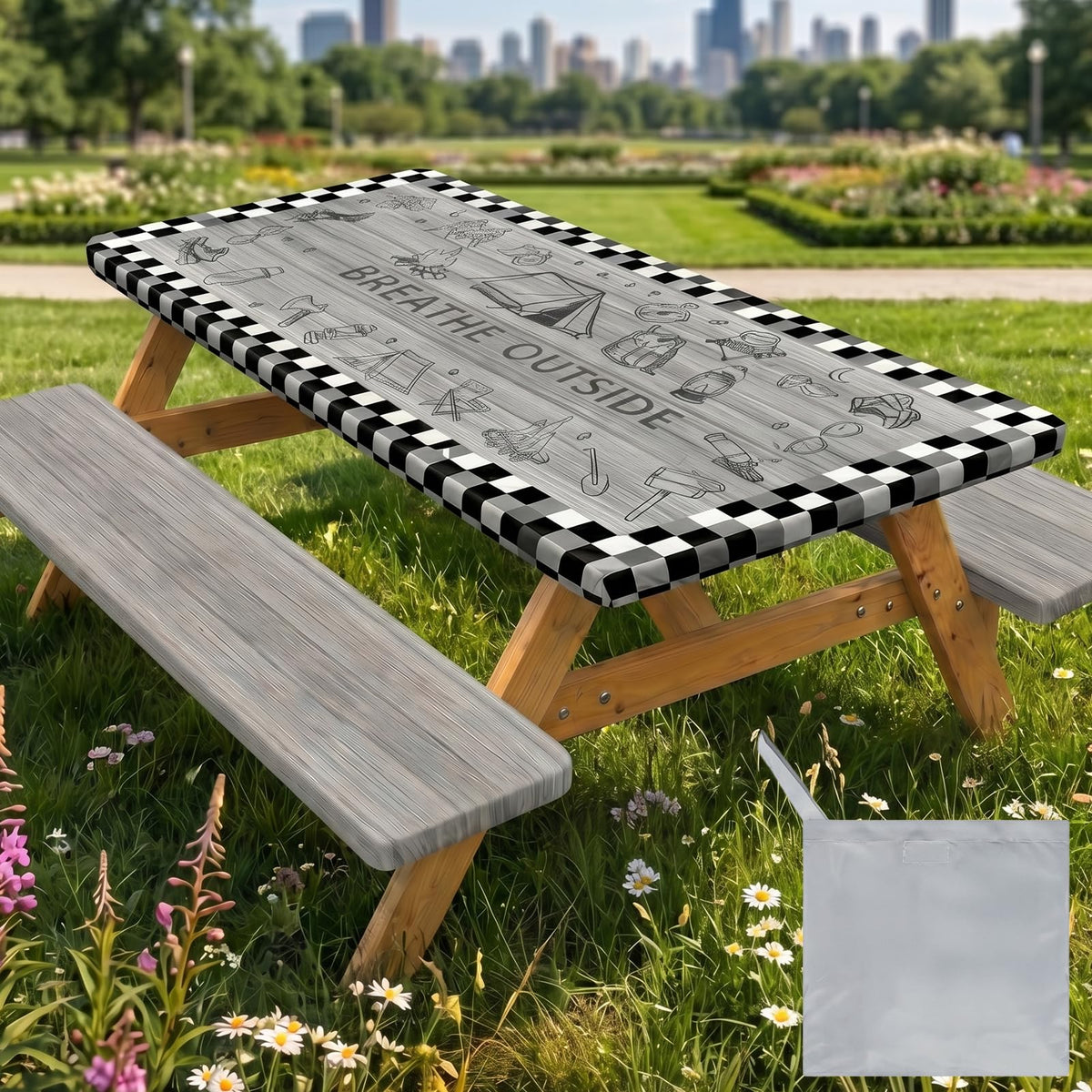 pickyNproud picnic table cover set in black grey white front view