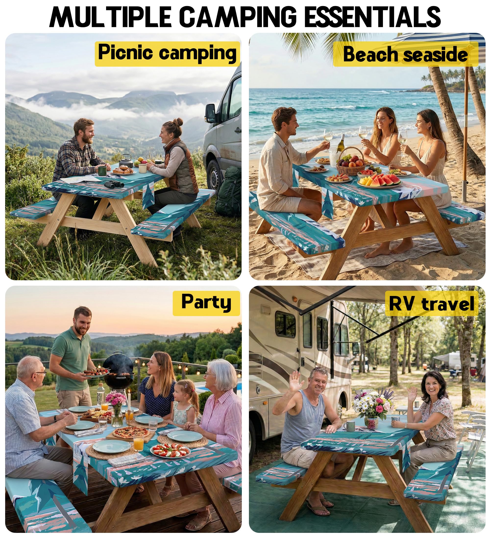 Picnic table cover set displayed in a garden setting