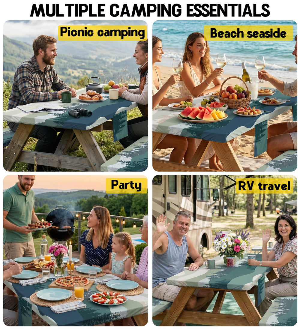 Picnic table cover set laid out on a picnic table with food