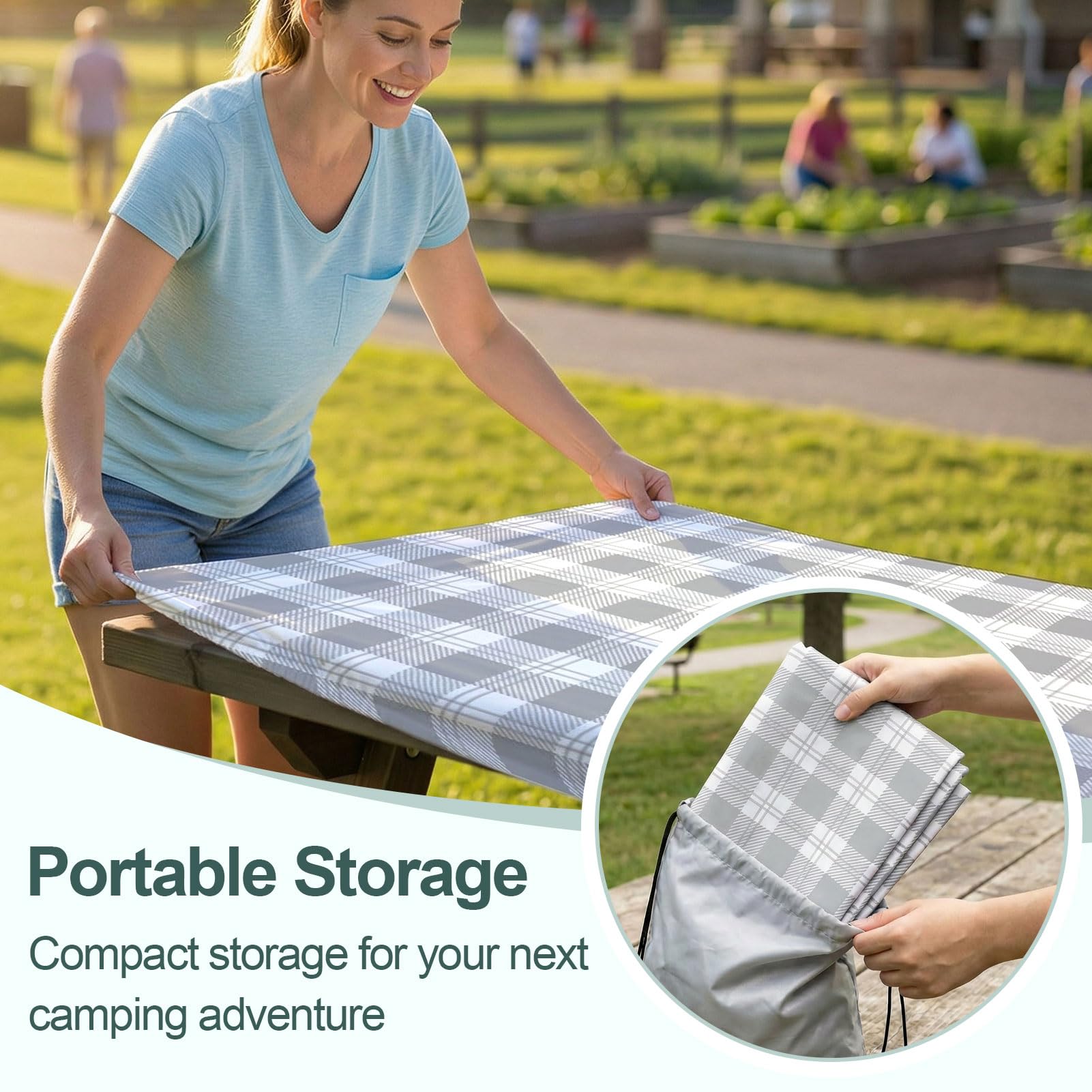 Picnic table cover set laid out on a picnic table with food and drinks