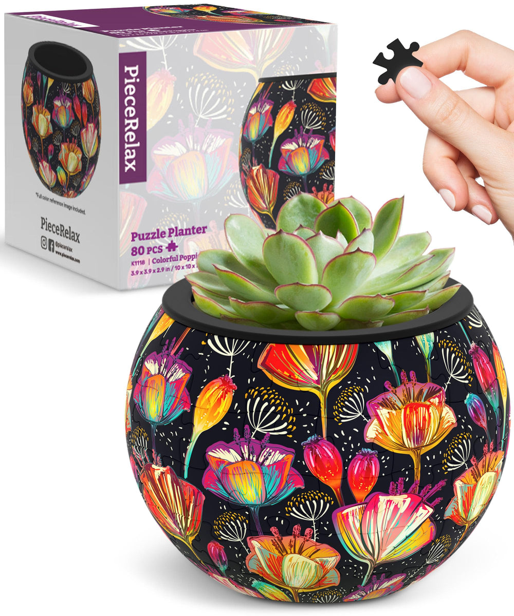 PieceRelax 3D Puzzle Planter with colorful poppies design, assembled view